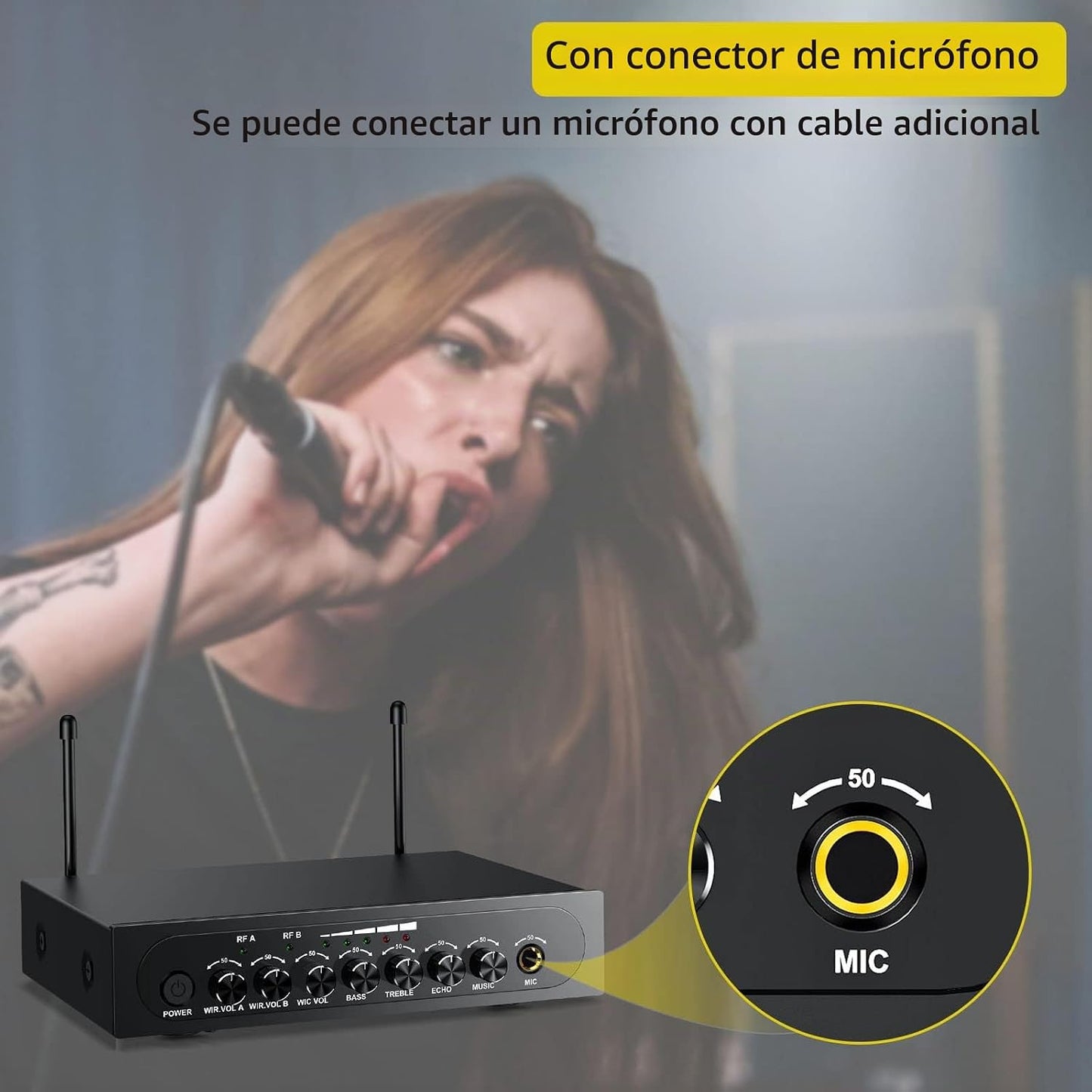 PROZOR Micrófono Inalámbrico UHF con Control de Volumen, Agudos, Gr...