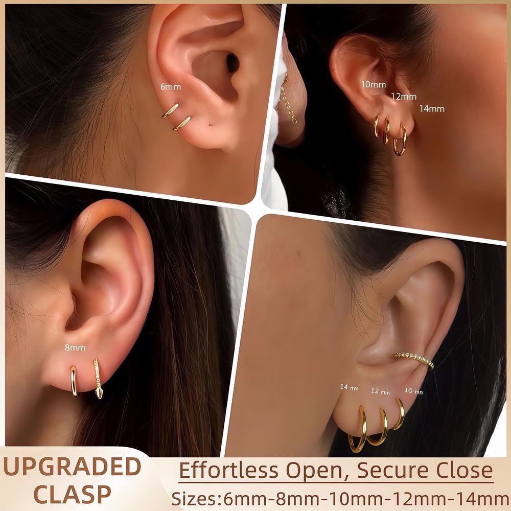 5 pares de pendientes de aro chapados en oro de 14 quilates para mu...