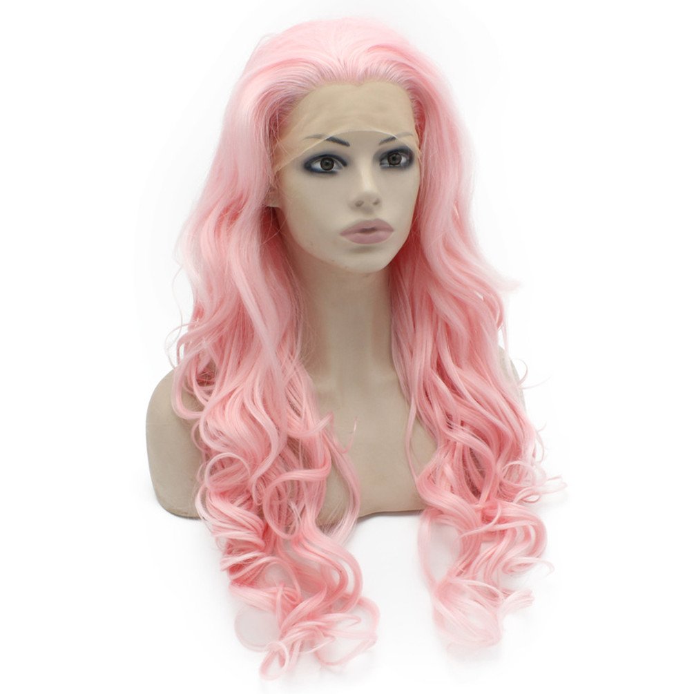 MX angel Peluca larga ondulada de encaje sintético frente rosa fies...