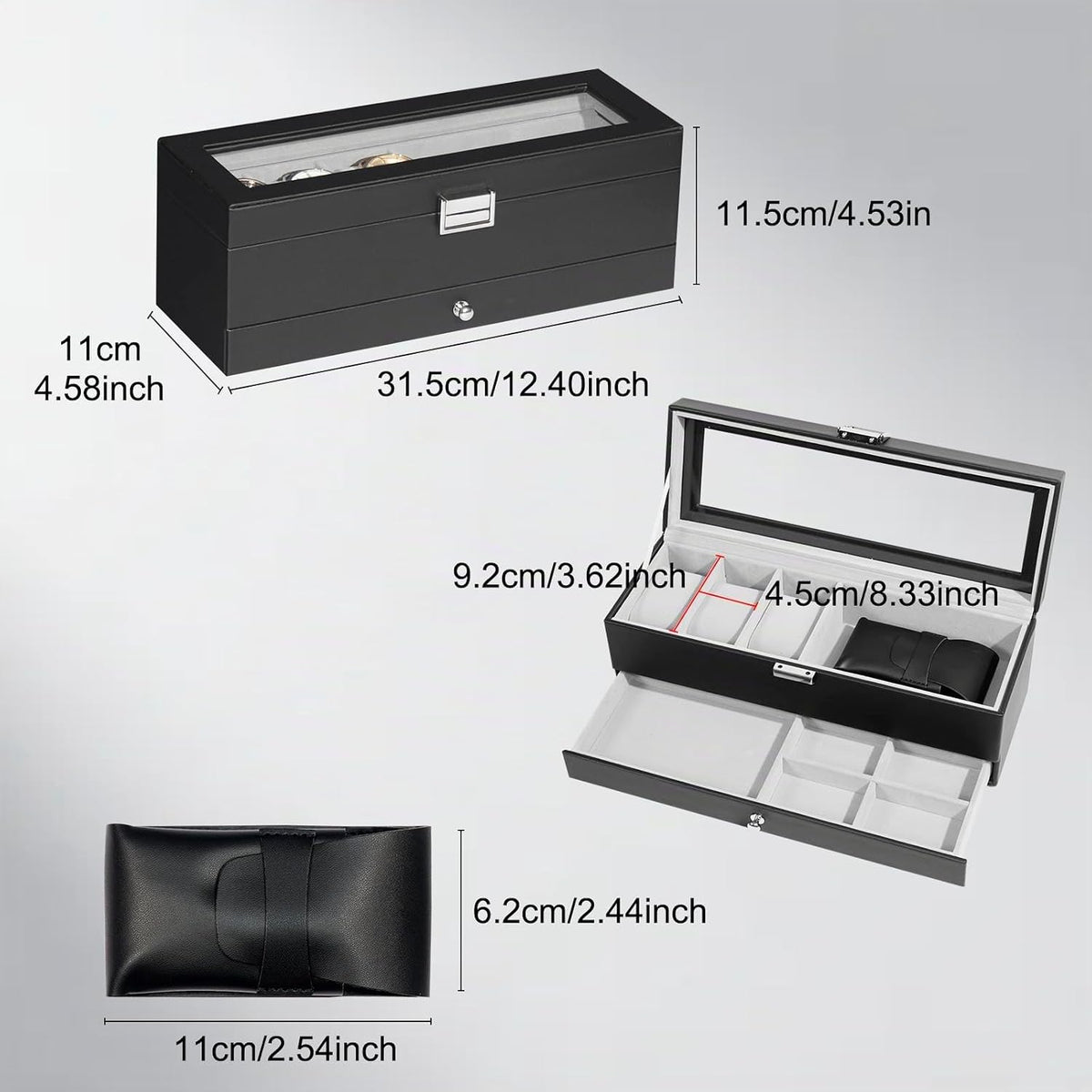 GLOBAL KA - Caja de reloj y gafas de sol, 3 ranuras, tapa de crista...