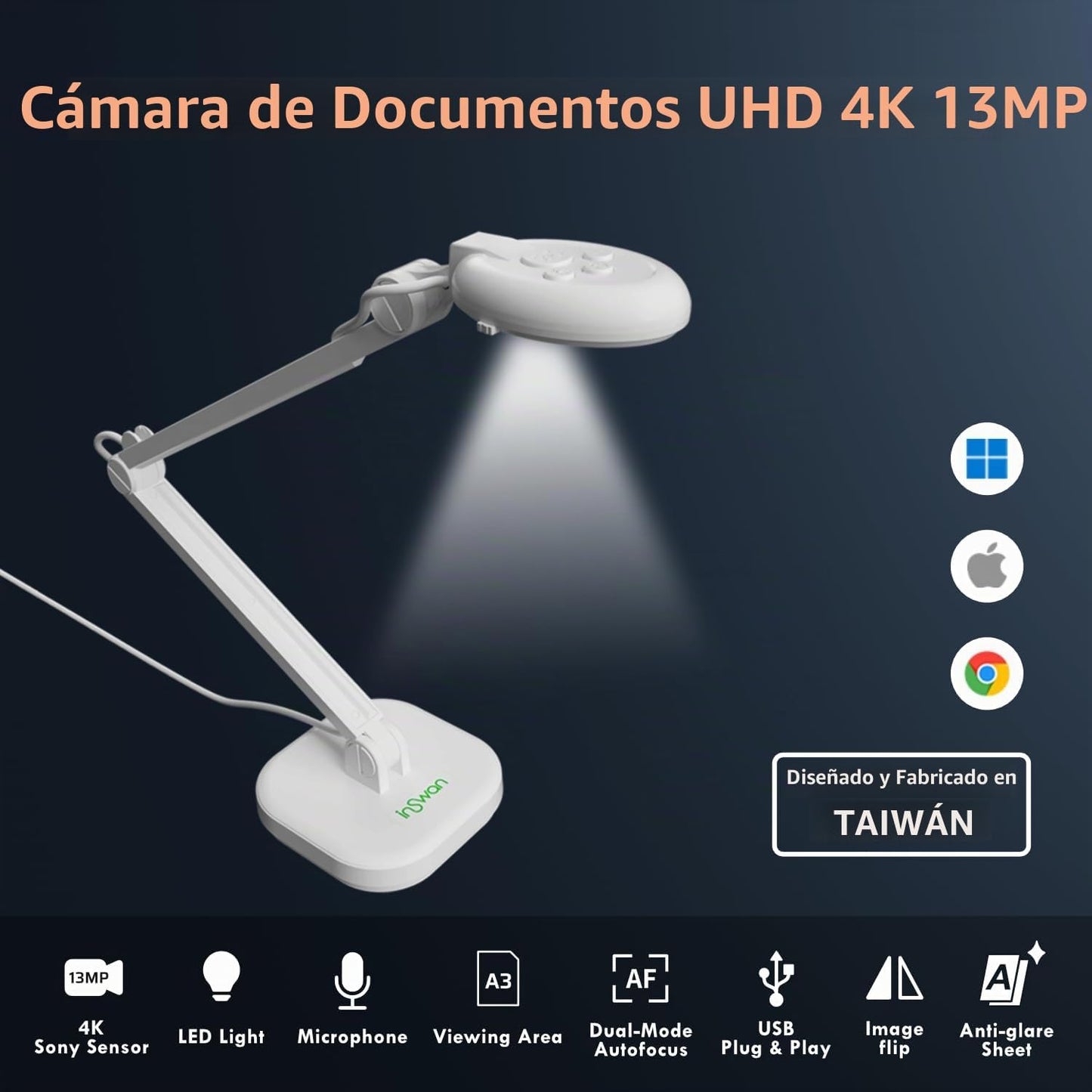 INSWAN INS-2 Cámara de Documentos USB 4K \u2013 13MP, Enfoque Autom...