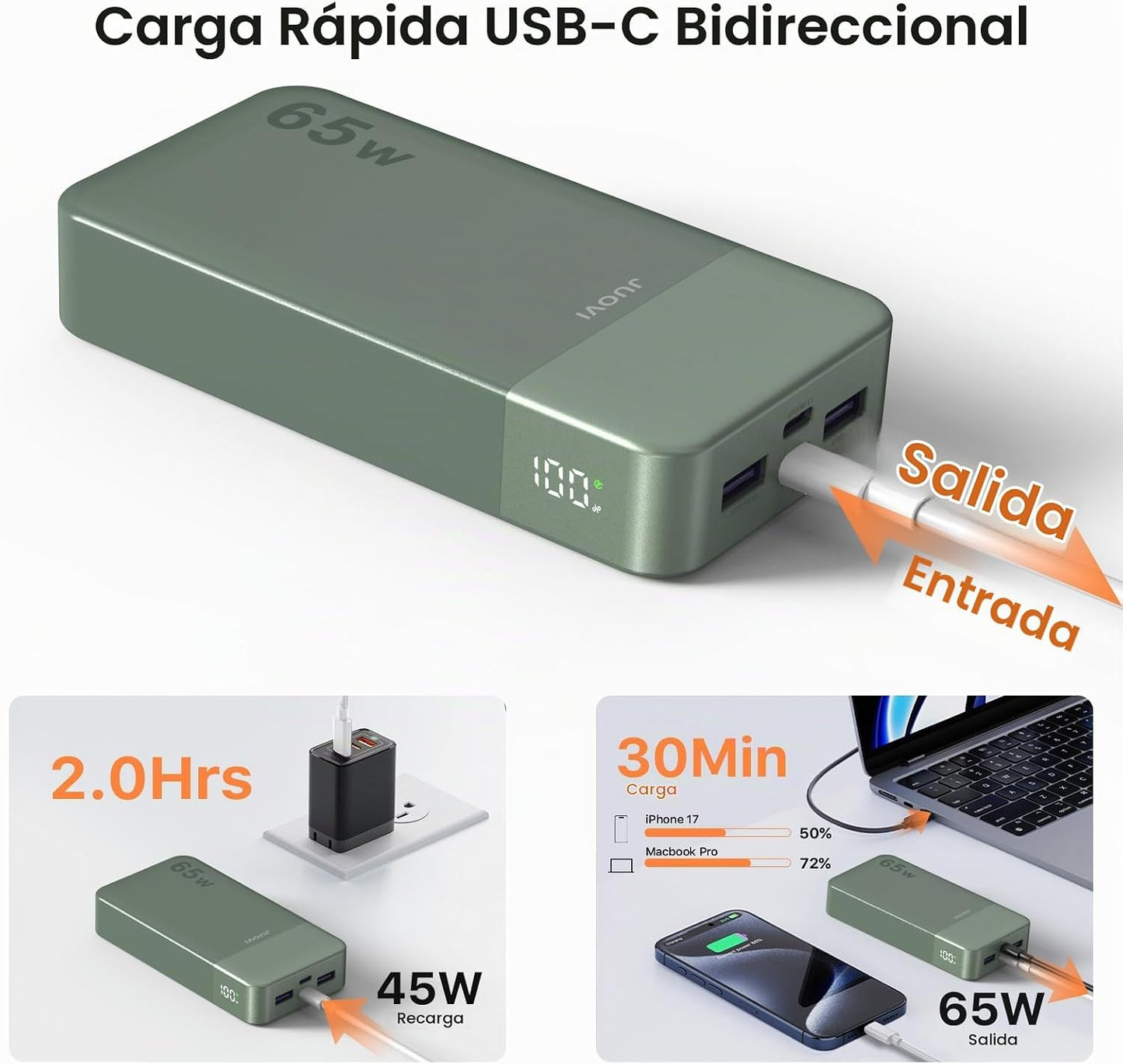 JUOVI Cargador portátil para portátil de 65 W y 20000 mAh | Carga r...