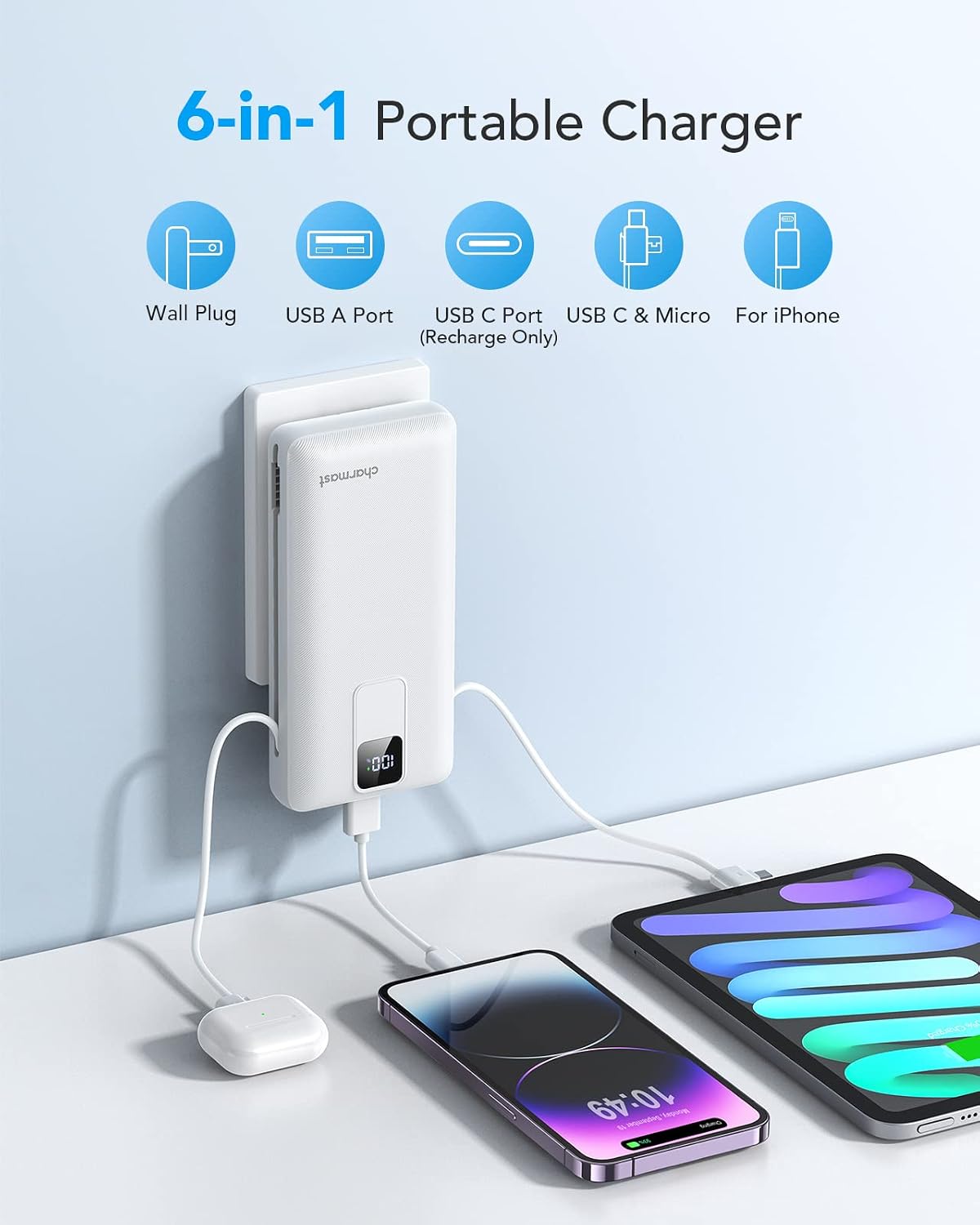 charmast Cargador portátil con cables integrados y enchufe de pared...
