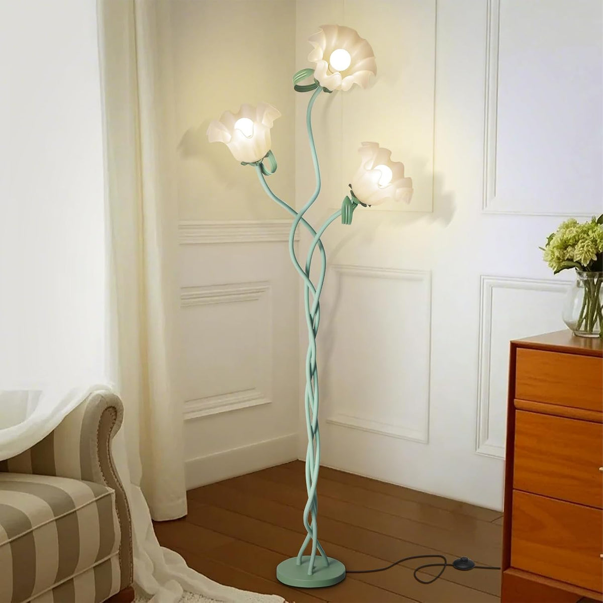 Lámpara de pie de flor para dormitorio, bonita lámpara de pie de es...