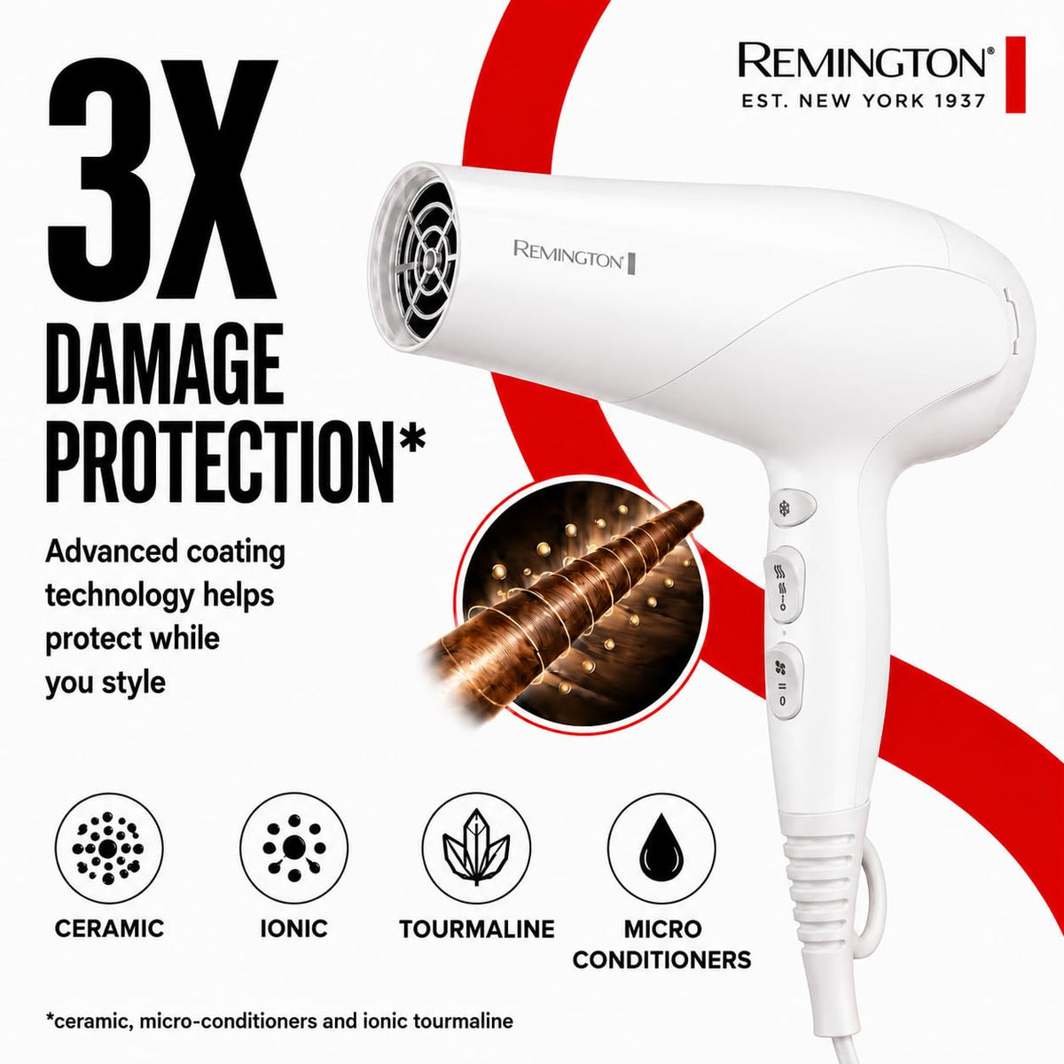 Remington Secador de pelo de protección contra daños, tecnología ió...