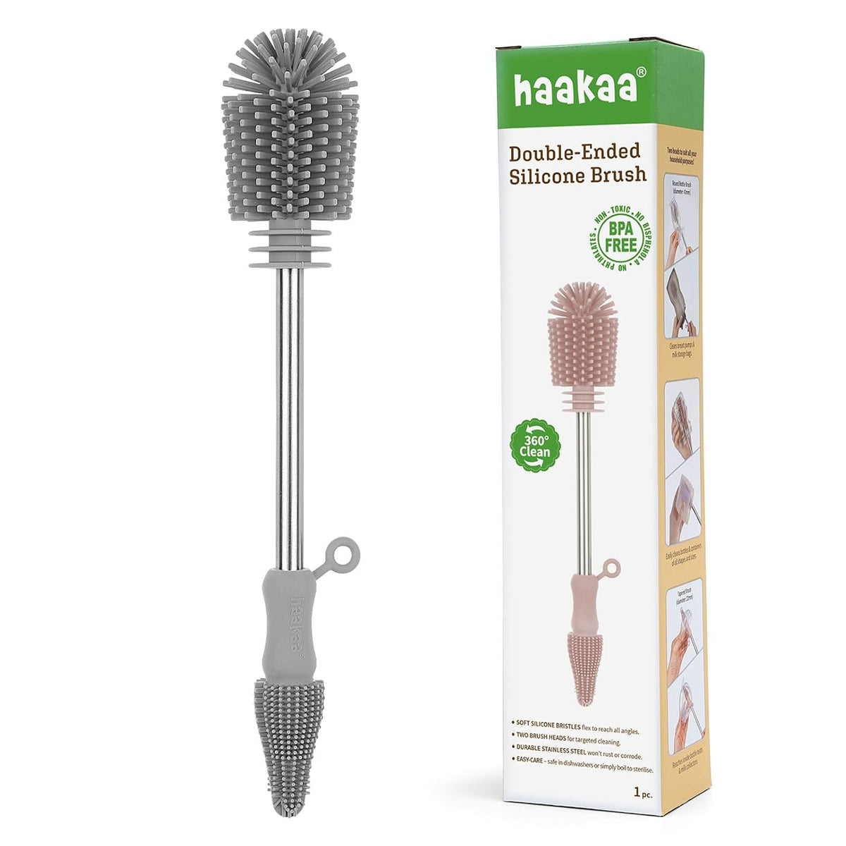Haakaa Cepillo de silicona para biberones y hendiduras, SUVA gris,...