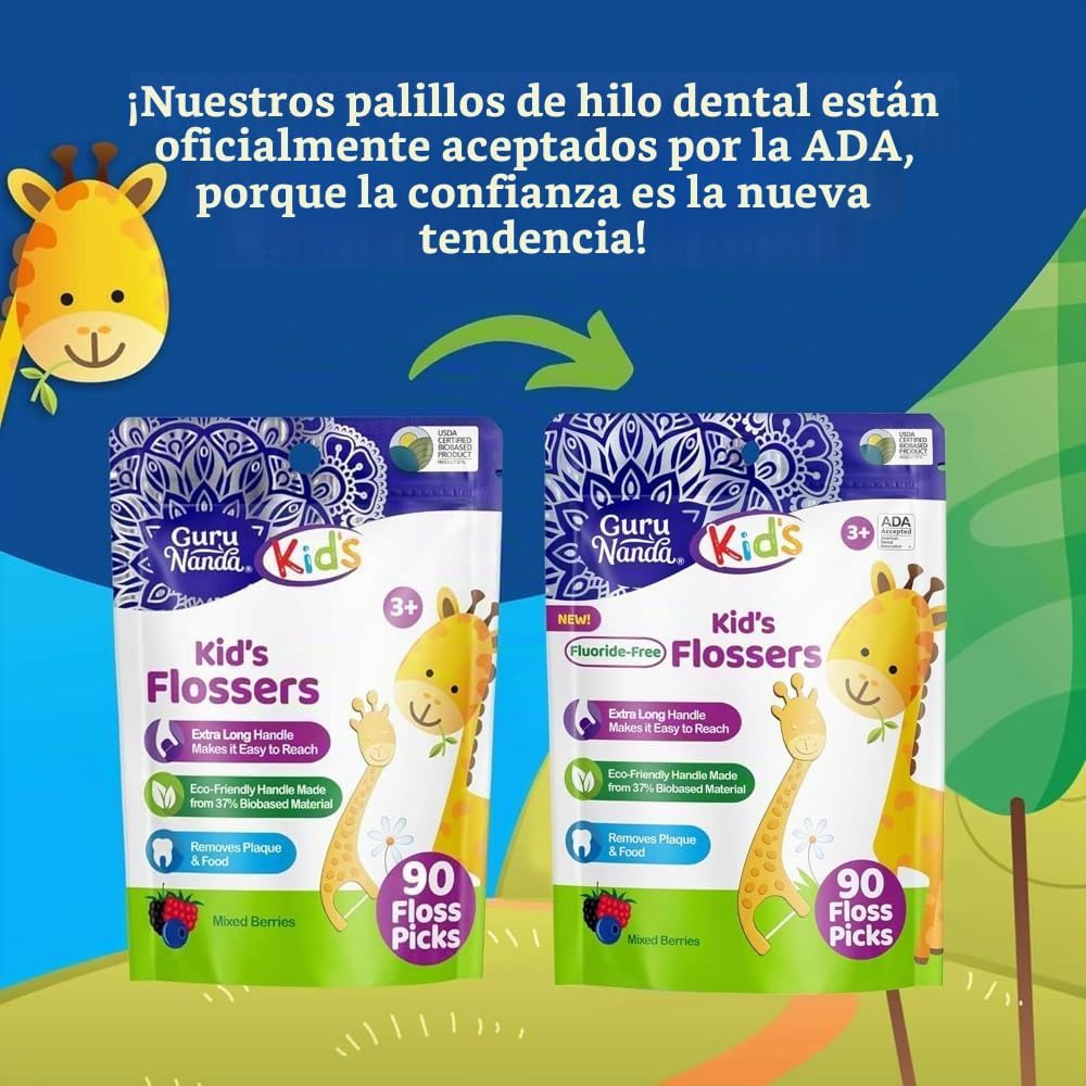 GuruNanda Púas de hilo dental, sabor a bayas, 90 unidades, para niñ...