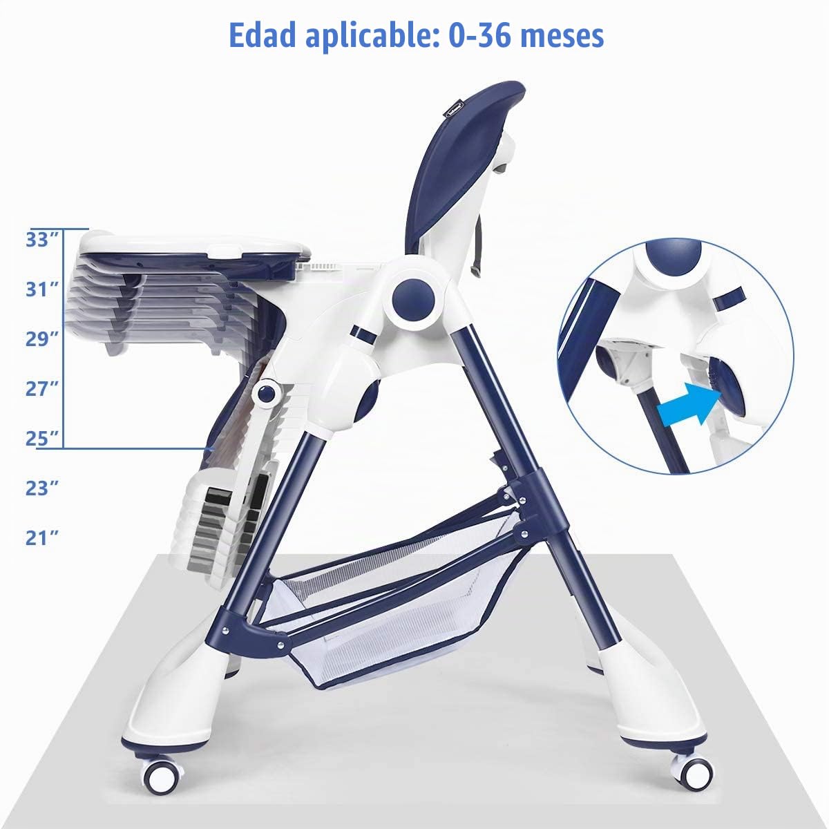 INFANS Silla alta con bandeja extraíble con una sola mano, 4 ruedas...