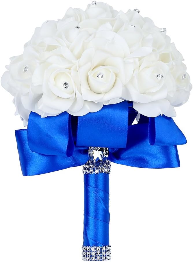 Febou Ramo de boda, ramo de dama de honor azul hecho a mano con cin...