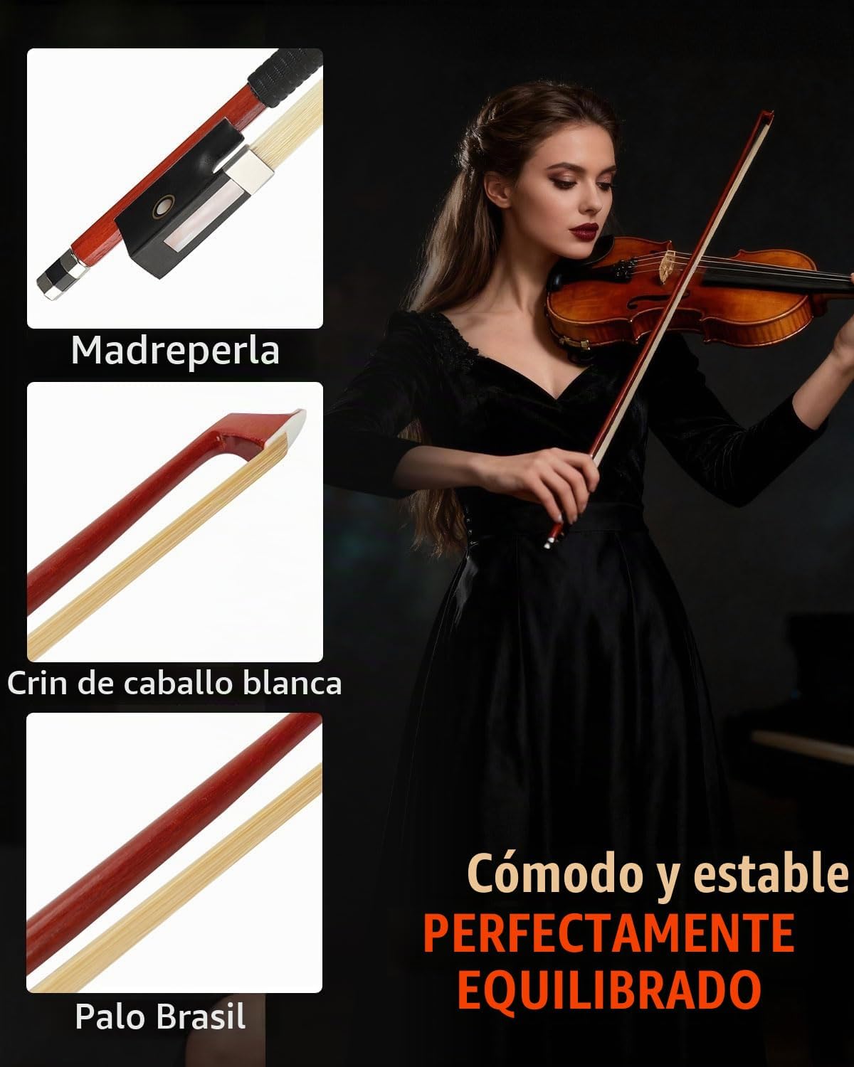 LMS - Arco para violín tamaño completo 4\/4 de palo brasil, arco li...