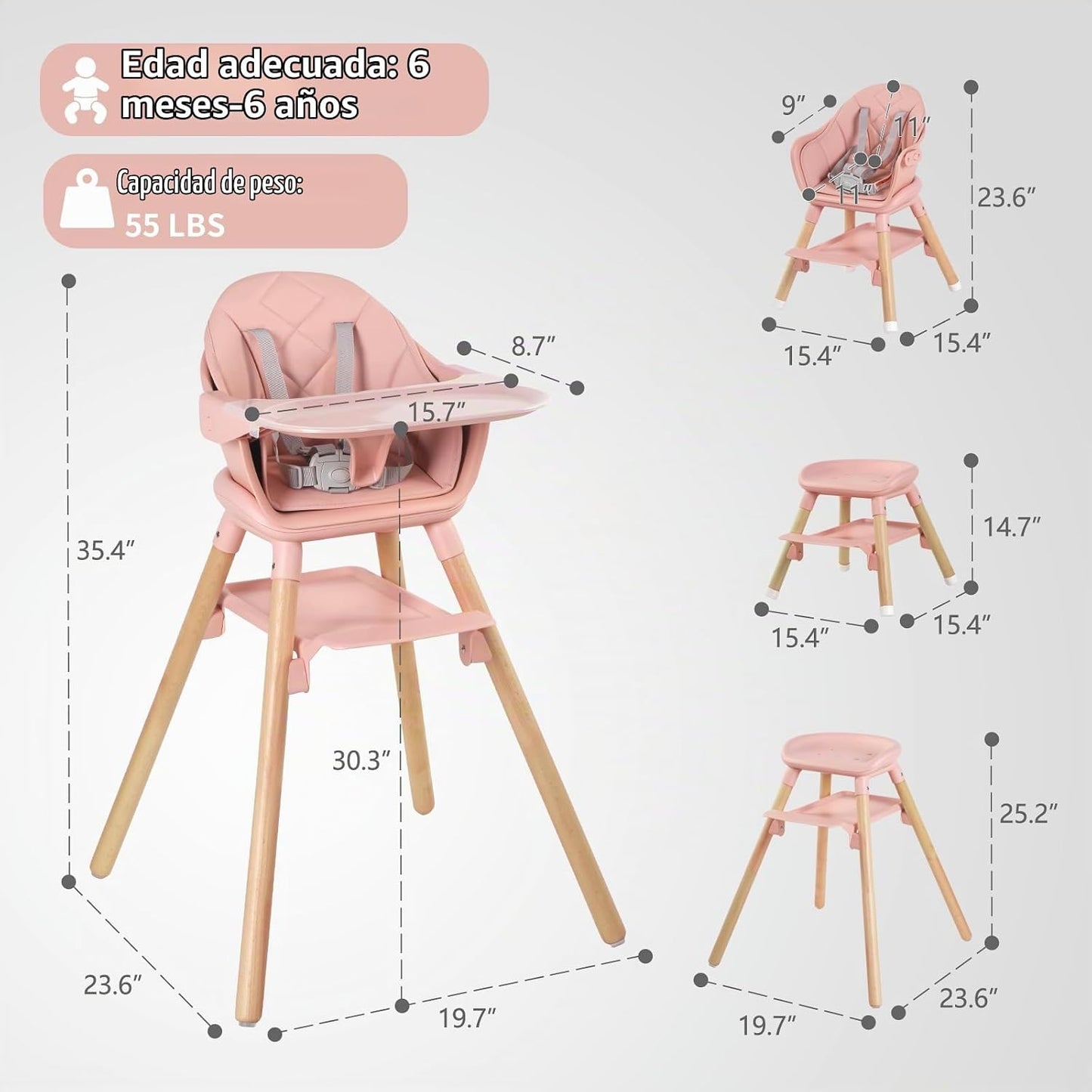Silla alta 6 en 1 para bebé, sillas altas convertibles de madera pa...