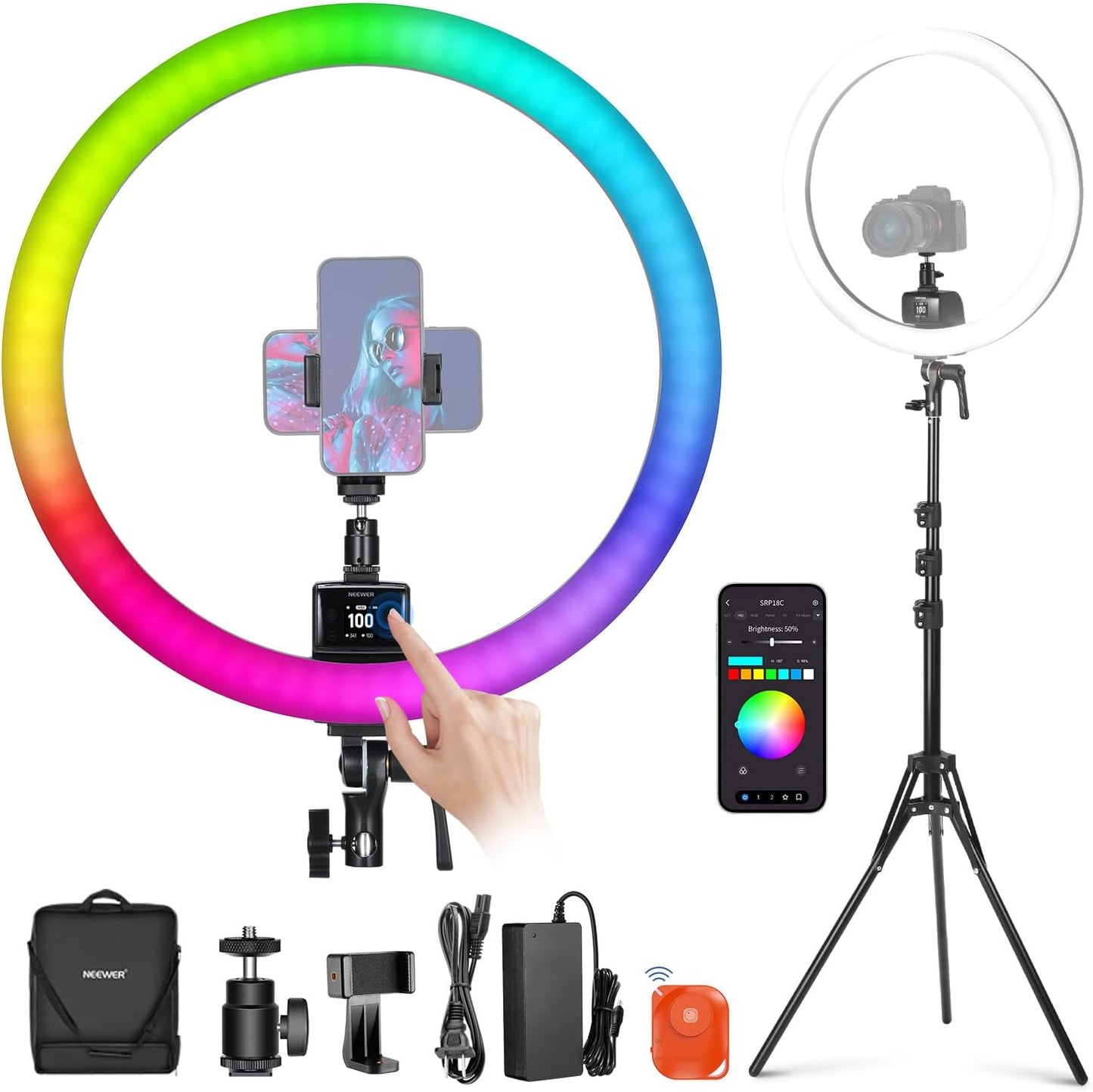 Neewer SRP18C - Anillo de luz LED RGB de 18 pulgadas con trípode re...
