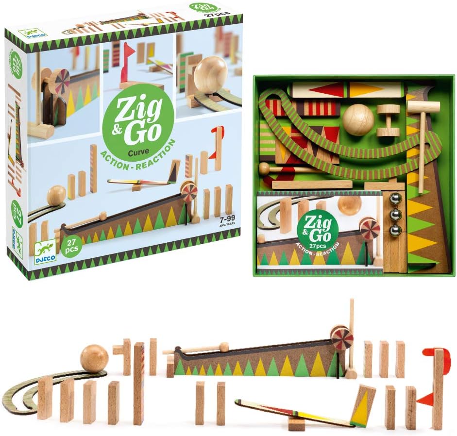 DJECO Zig &amp; Go - Juego de construcción de carreras de dominó de...