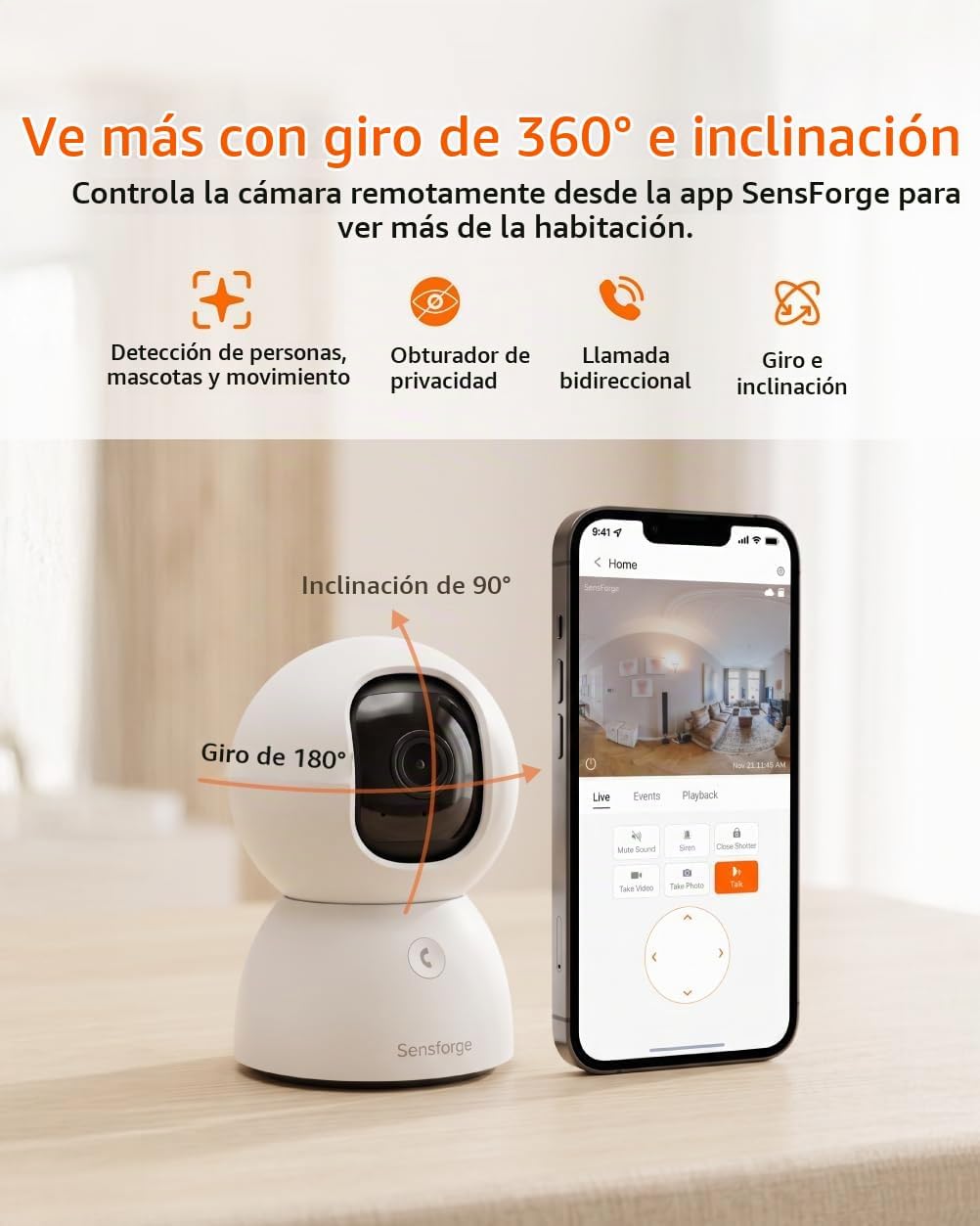 SensForge - Cámara de seguridad panorámica para interiores de 2.5K,...