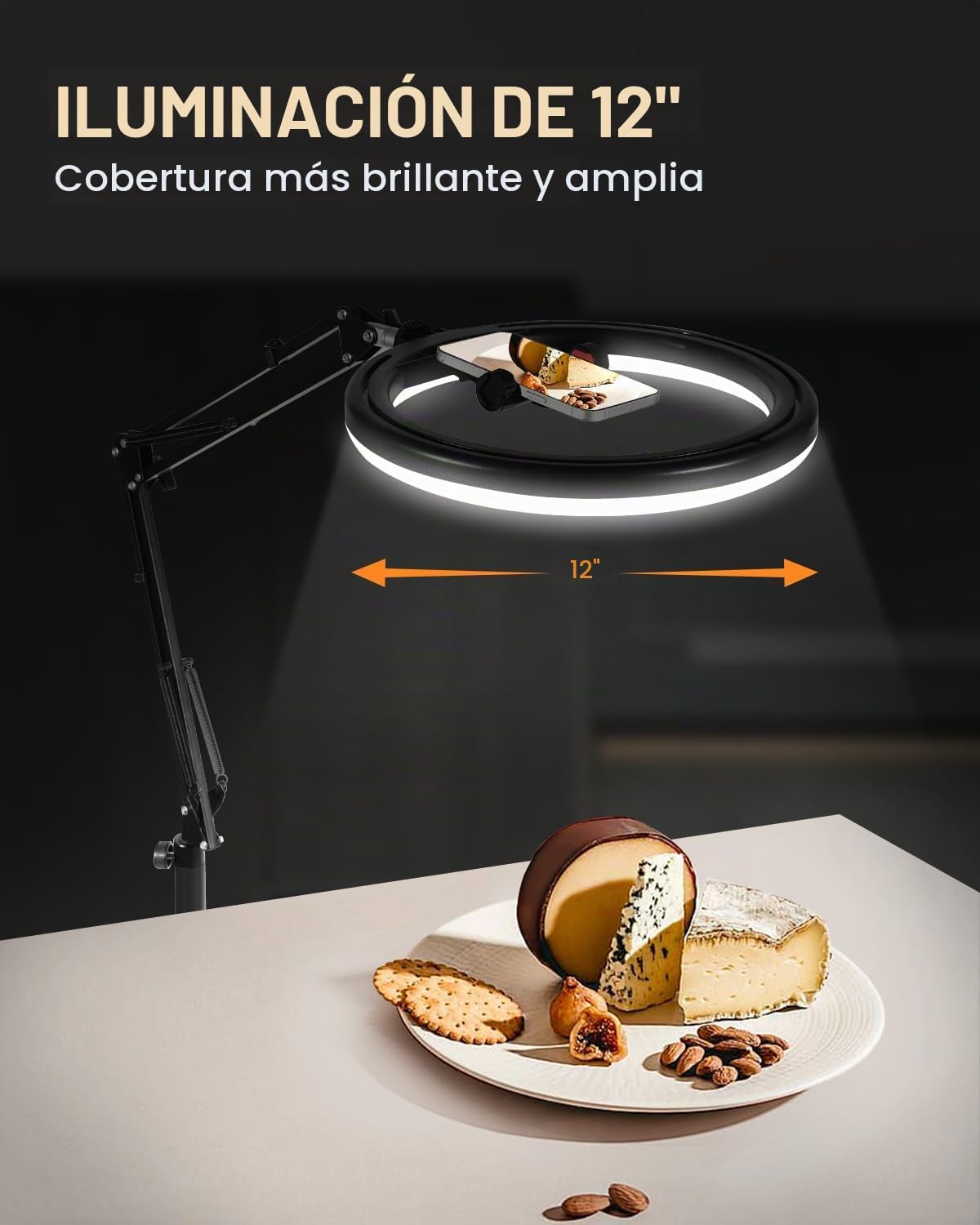 Soporte de teléfono aéreo de 12 pulgadas con luz de anillo, luz cir...
