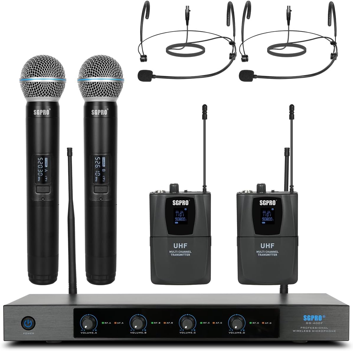 SGPRO Sistema de micrófono inalámbrico de 4 canales SG-400FHB | 2 m...