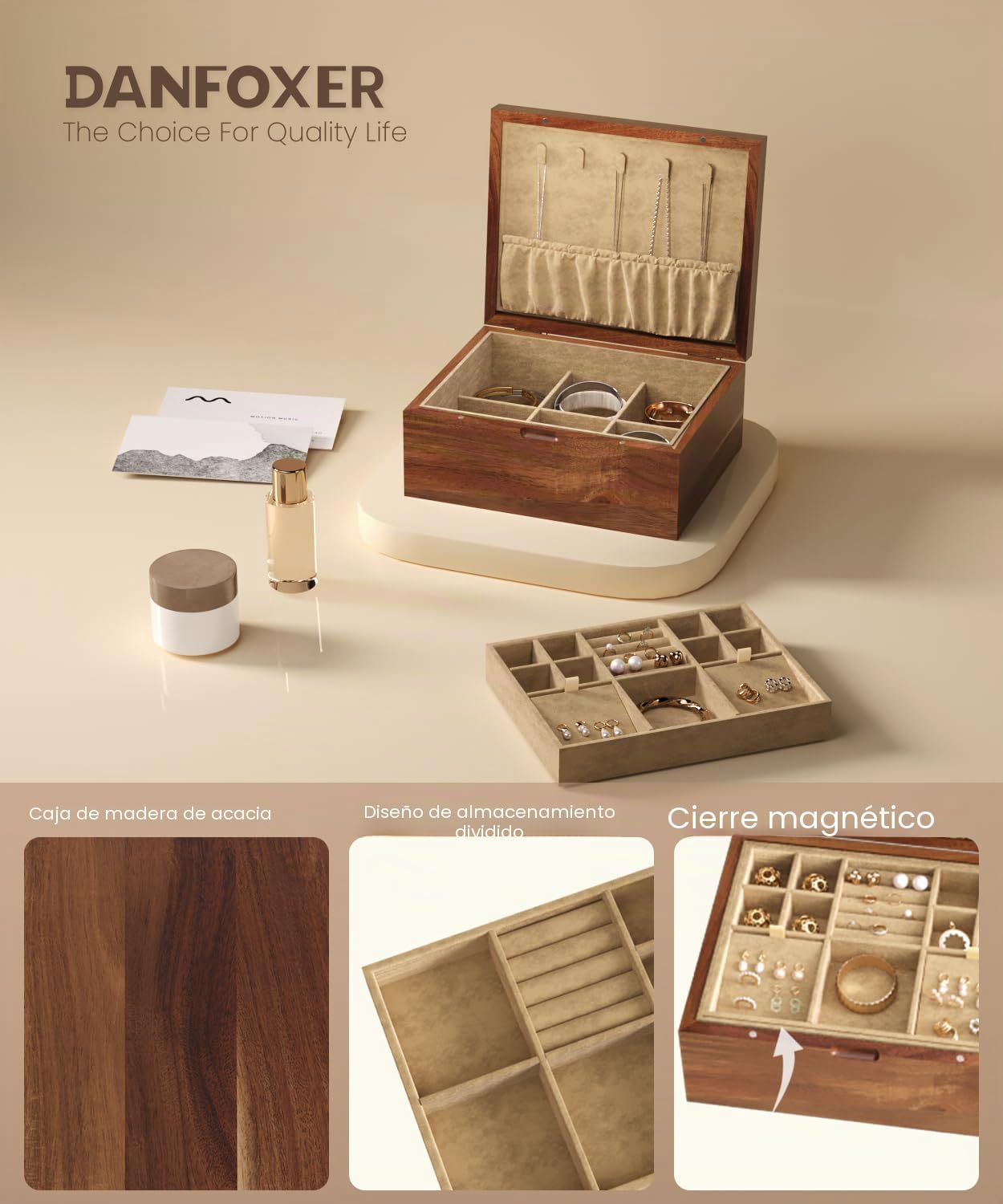 Danfoxer Joyero de madera de acacia con tapa abatible y bandeja de...