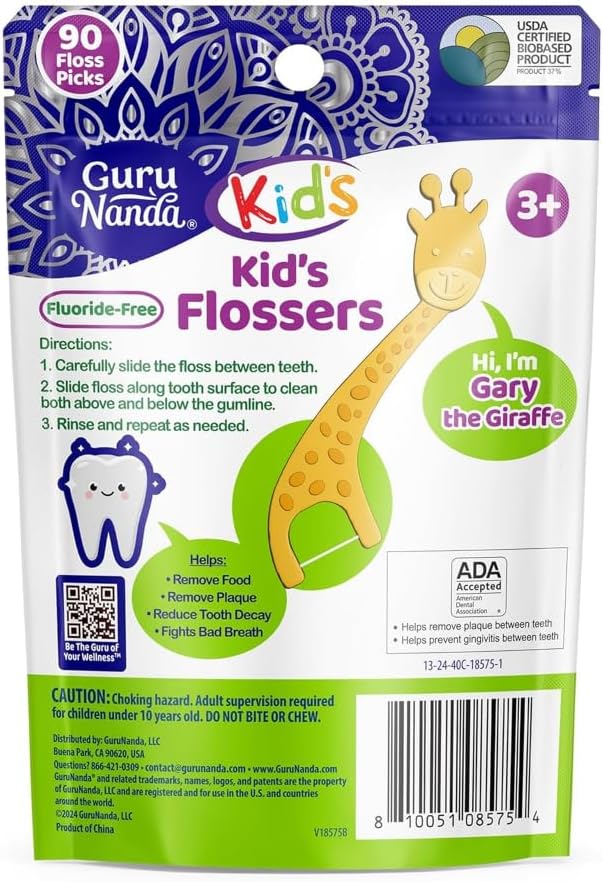 GuruNanda Púas de hilo dental, sabor a bayas, 90 unidades, para niñ...