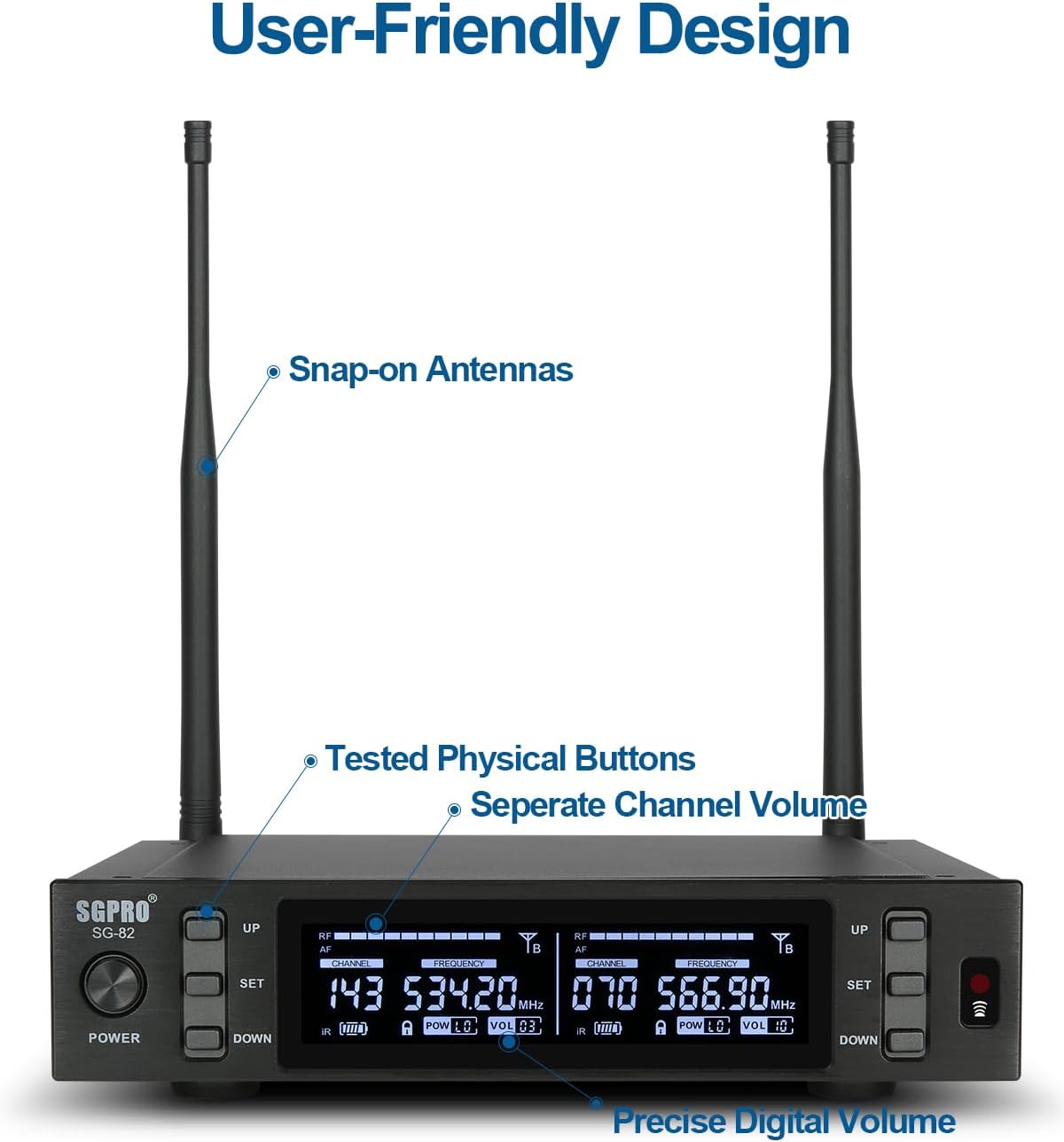 SGPRO SG-82BB Sistema de micrófono inalámbrico doble, 520-590 MHz |...