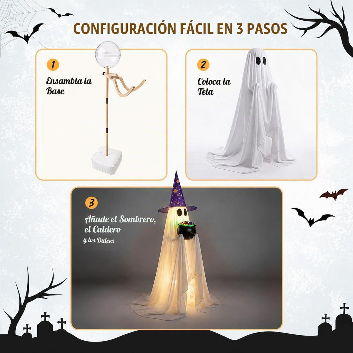 Decoración de fantasmas de dulces de Halloween con caldero iluminad...