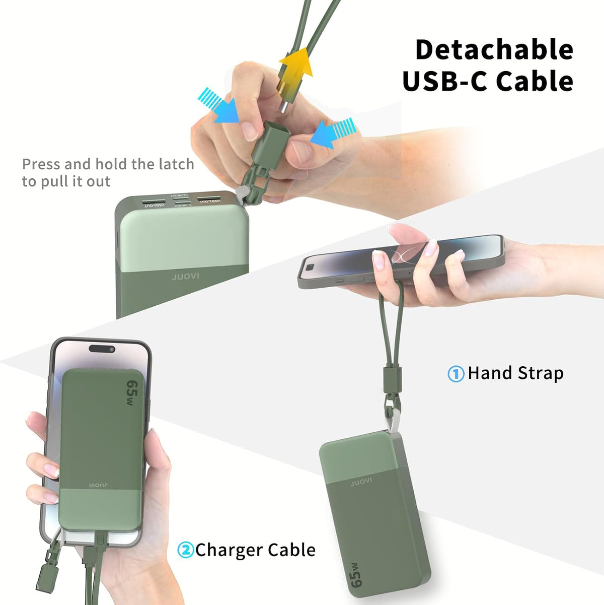 JUOVI Banco de energía USB C de 65 W, 20000 mAh con cable de cordón...