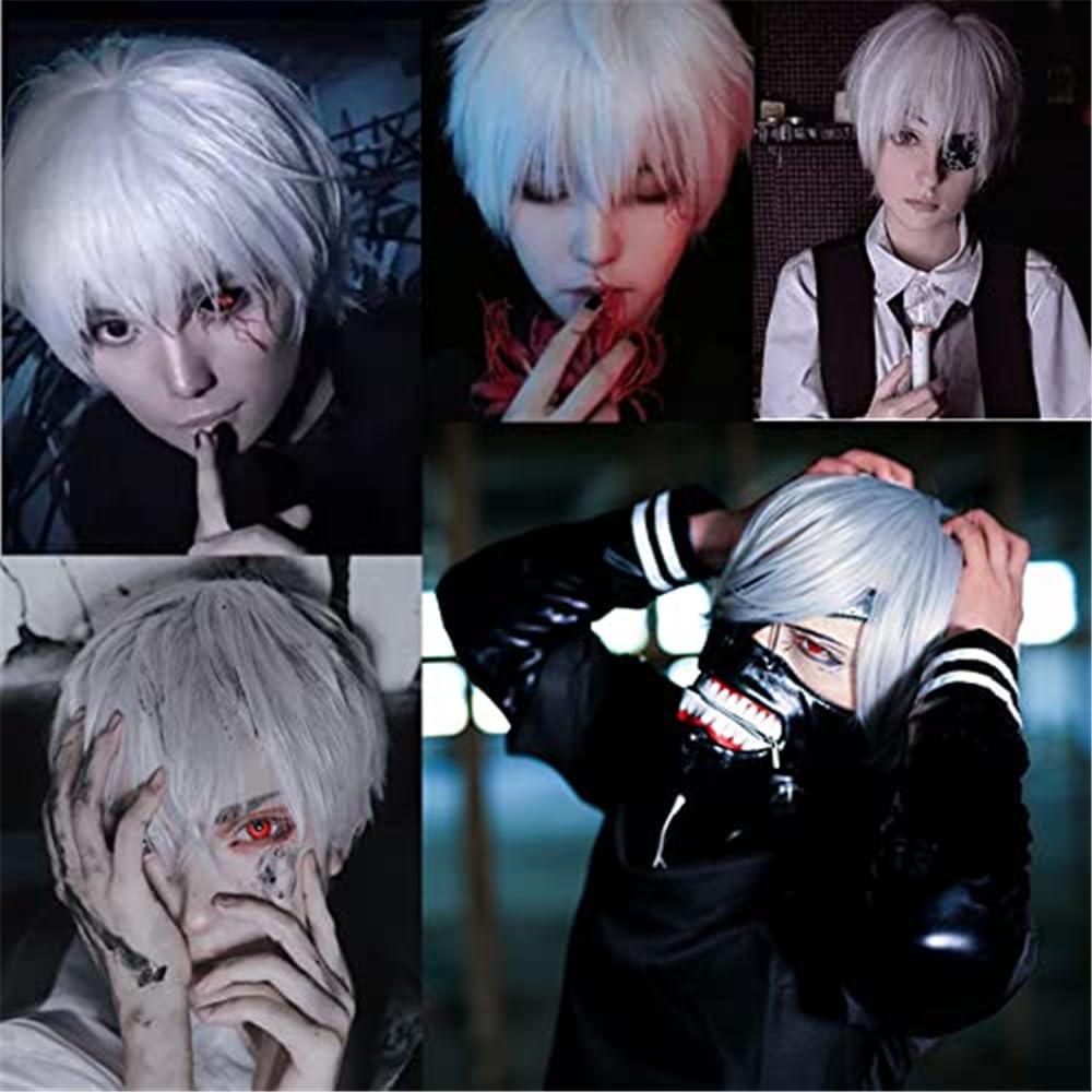COSPLAZA Cosplay peluca corta blanca plateada esponjosa masculina a...