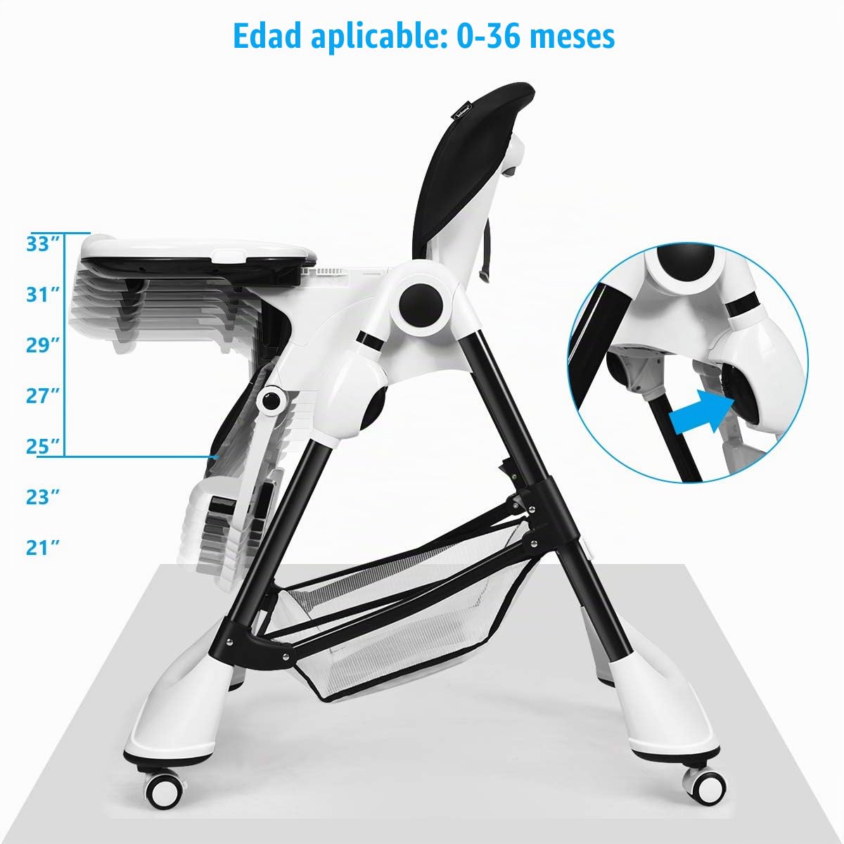 INFANS Silla alta con bandeja extraíble con una sola mano, 4 ruedas...