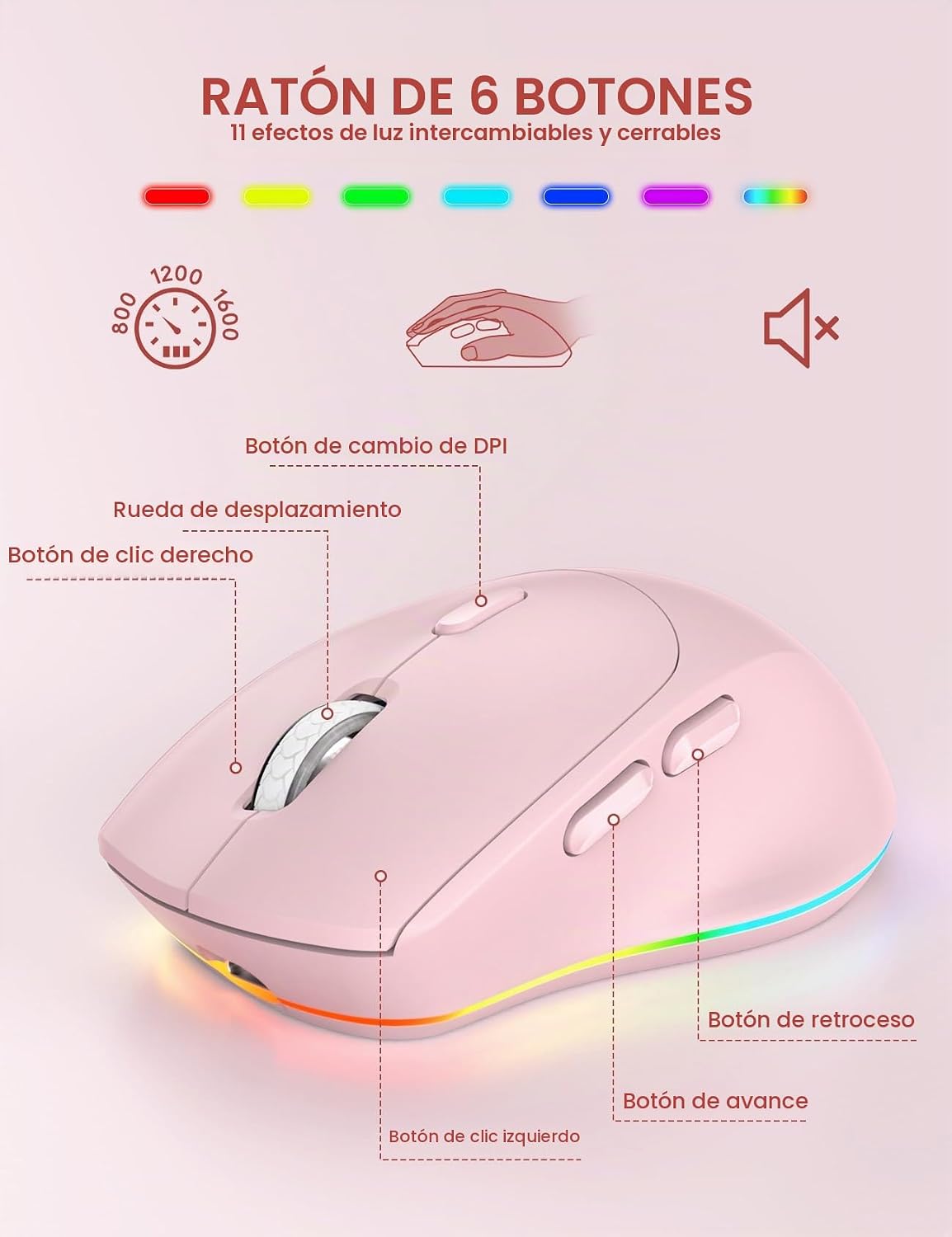 Combo de teclado y mouse inalámbricos, 9 efectos retroiluminados, r...
