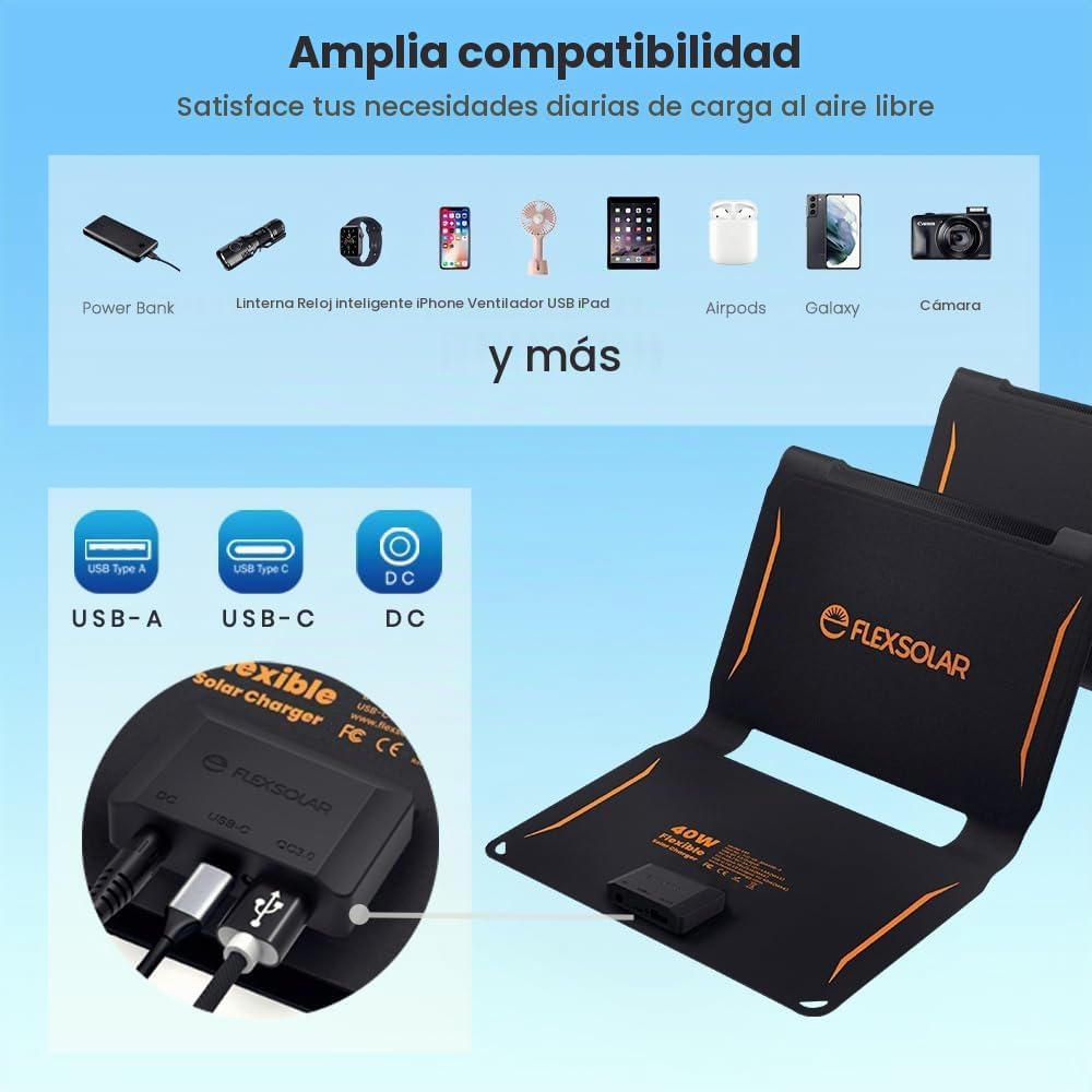 FlexSolar Cargador de panel solar plegable de 40 W, salidas USB-C U...