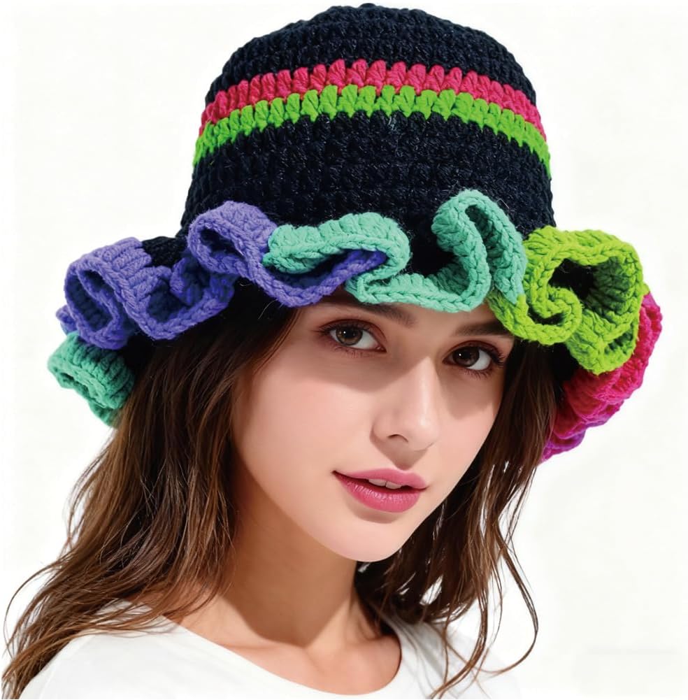 AMOFIA Gorro de punto para mujer, gorro de ganchillo con volantes,...