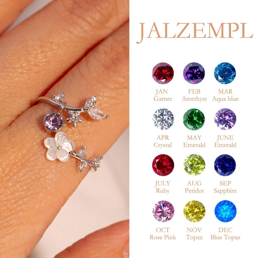 JALZEMPL Anillos de piedra natal con flores para mujeres, gema no m...