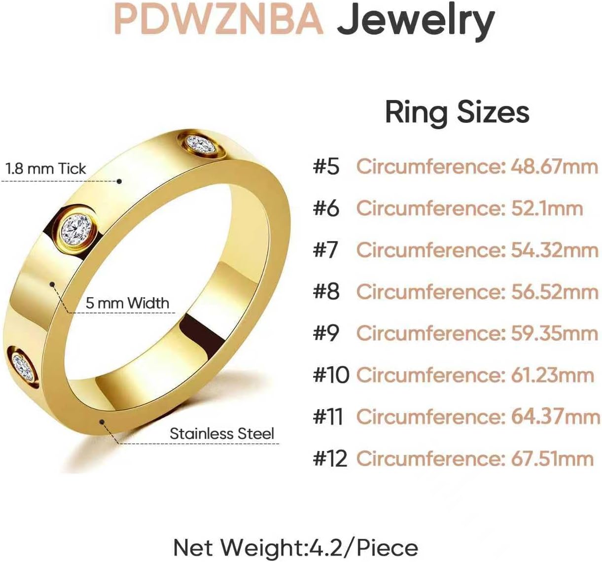 PDWZNBA Anillo de amistad de amor de acero inoxidable chapado en or...