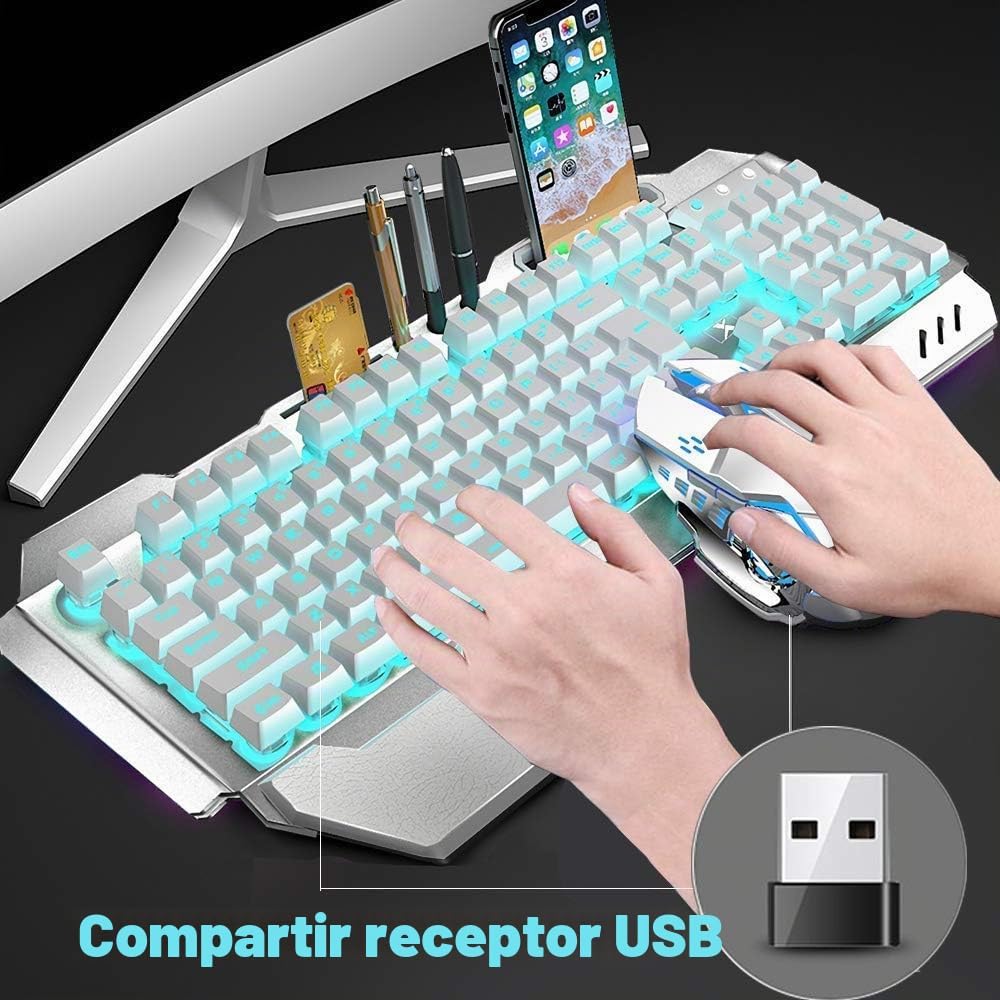 Teclado y ratón inalámbricos, teclado recargable con retroiluminaci...