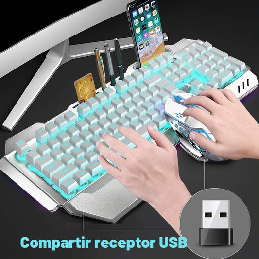 Teclado y ratón inalámbricos, teclado recargable con retroiluminaci...