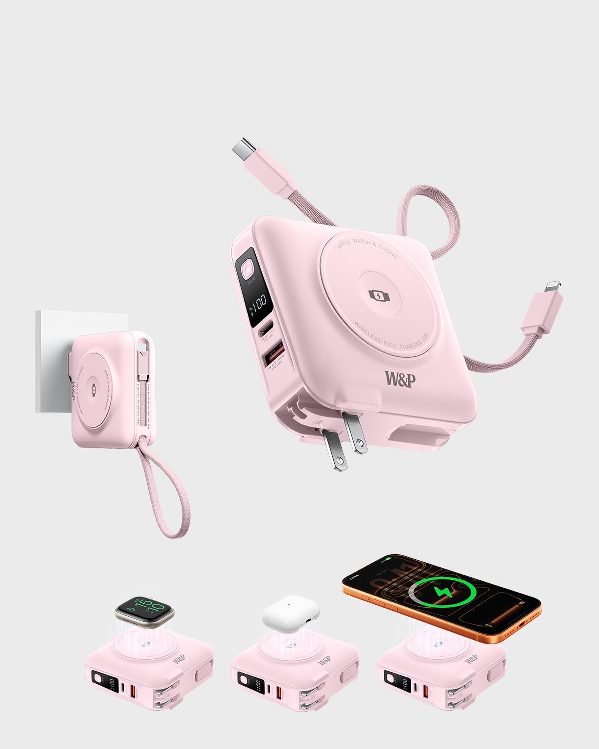Cargador portátil magnético de carga rápida W&P de 45 W con 2 cable...