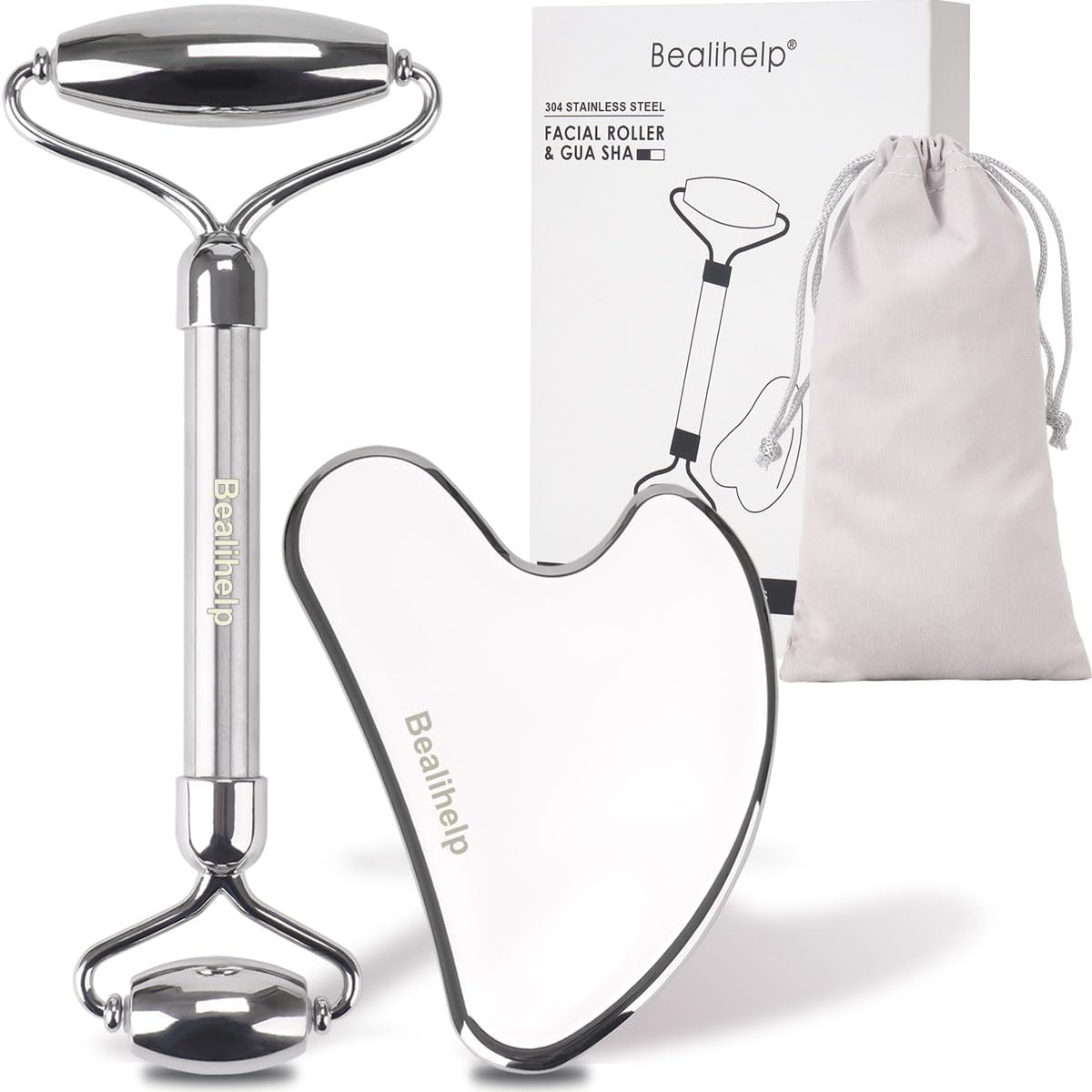 Bealihelp Rodillo Facial y Gua Sha, Rodillo Facial de Acero Inoxida...