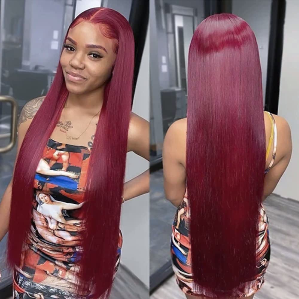 Estelle Wig - Pelucas de cabello humano sedoso color tinto, encaje...