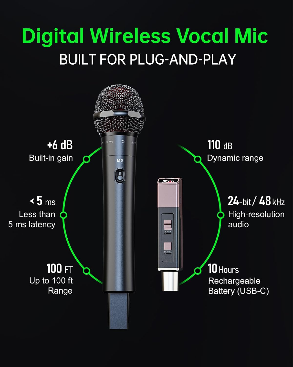 Sistema de micrófono inalámbrico profesional M5, +6 dB incorporado...