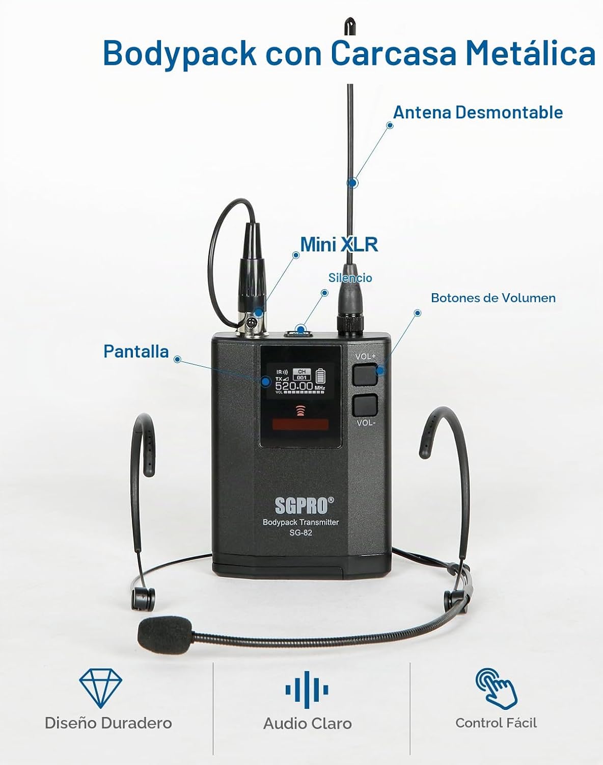 SGPRO SG-82BB Sistema de micrófono inalámbrico doble, 520-590 MHz |...