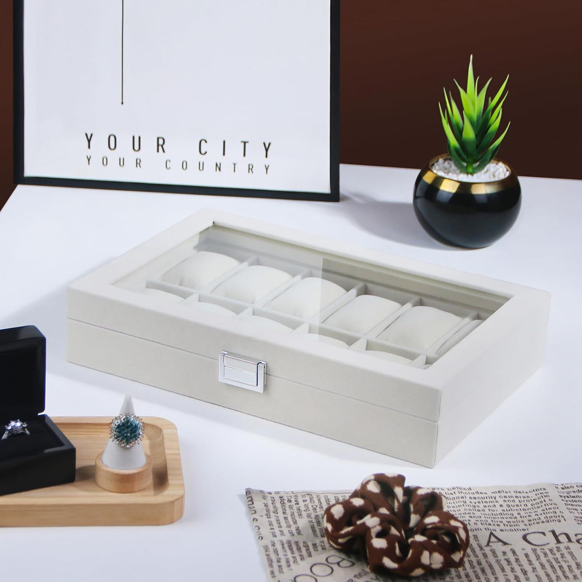 Ausalivan Vitrina de relojes para hombres, caja organizadora de rel...