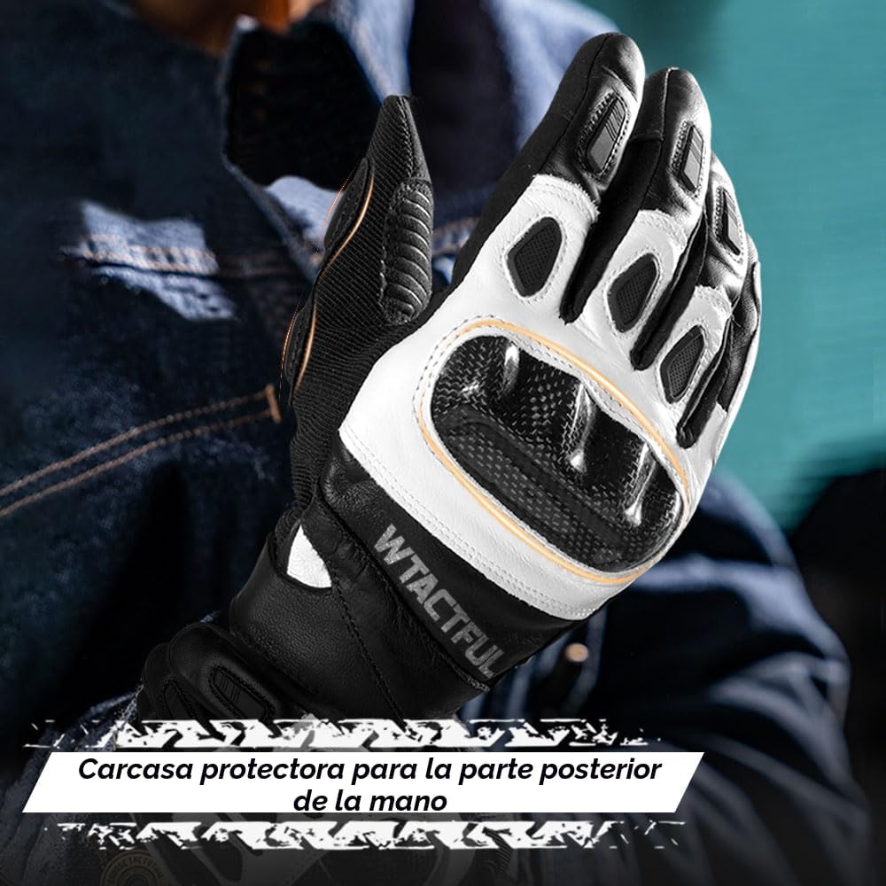 WTACTFUL Guantes de Motocicleta de Cuero de Cabra con Protección de...