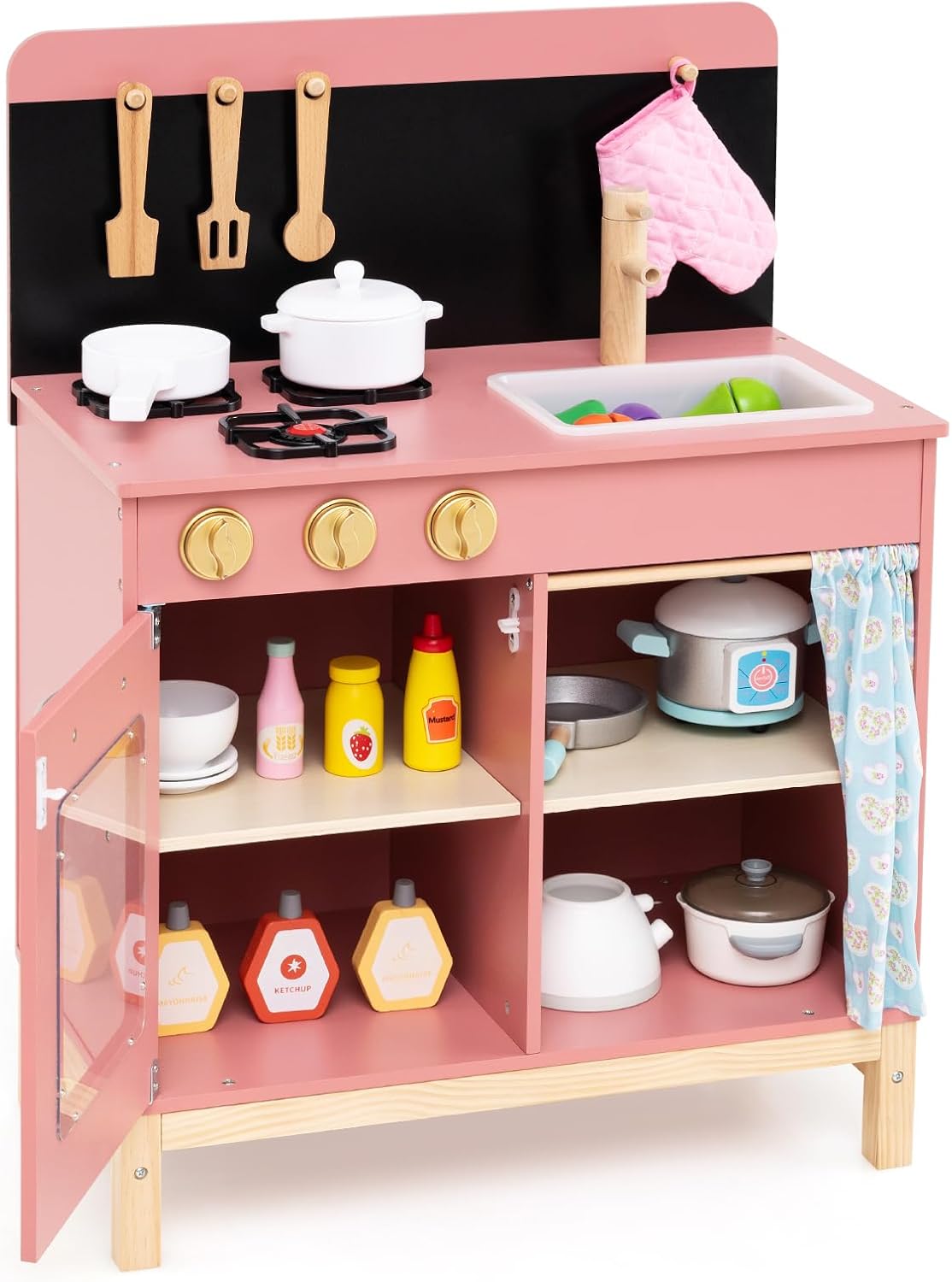HONEY JOY Juego de cocina rosa para niños, cocina de madera para ni...