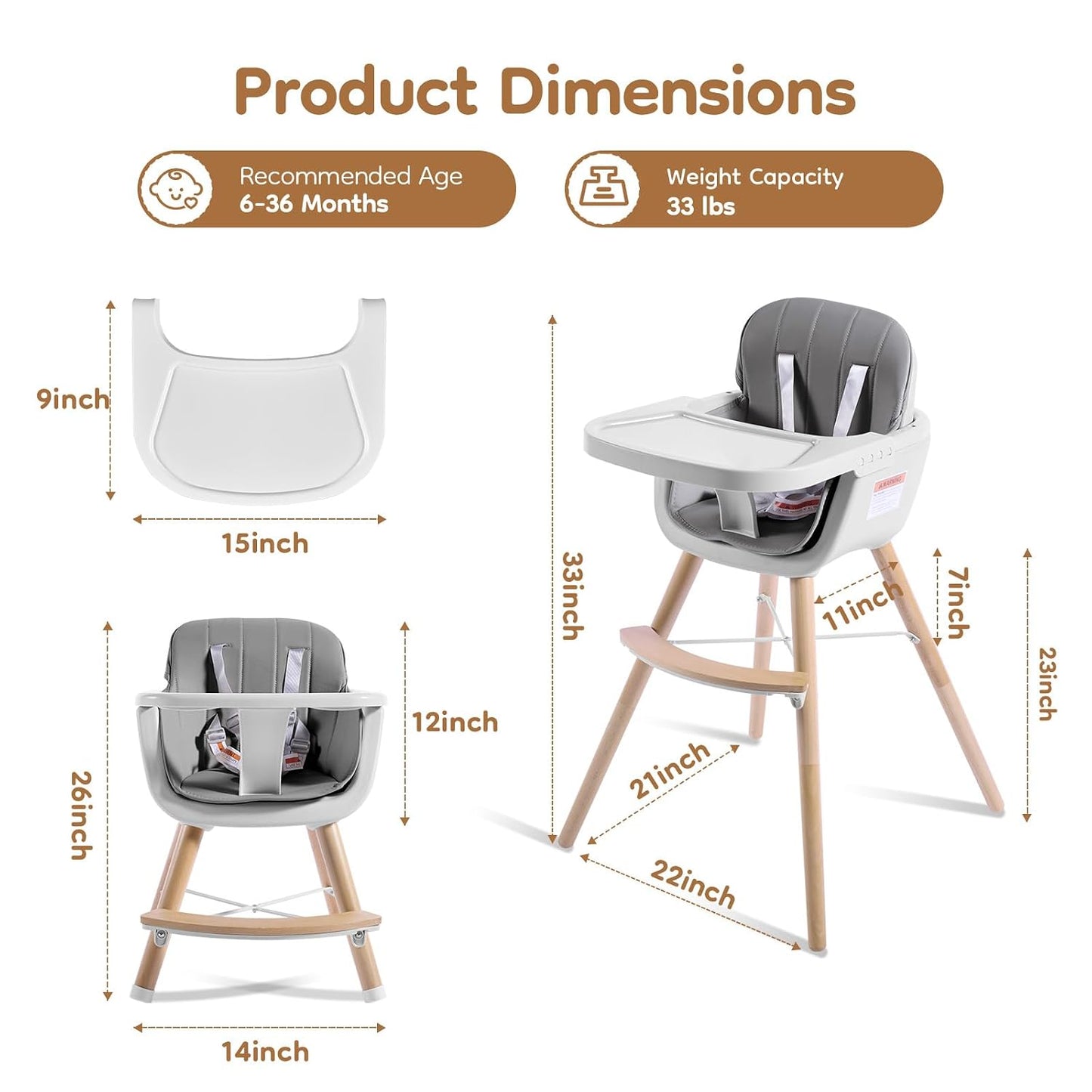 Sillas altas para bebés y niños pequeños, silla alta de madera conv...