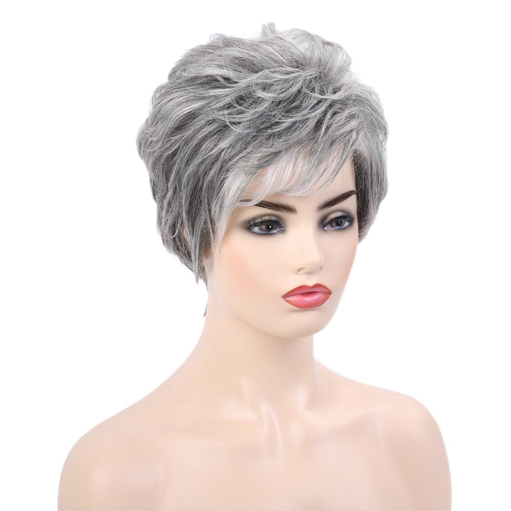 EMMOR Pelucas cortas de cabello humano gris para mujer, mezcla de c...
