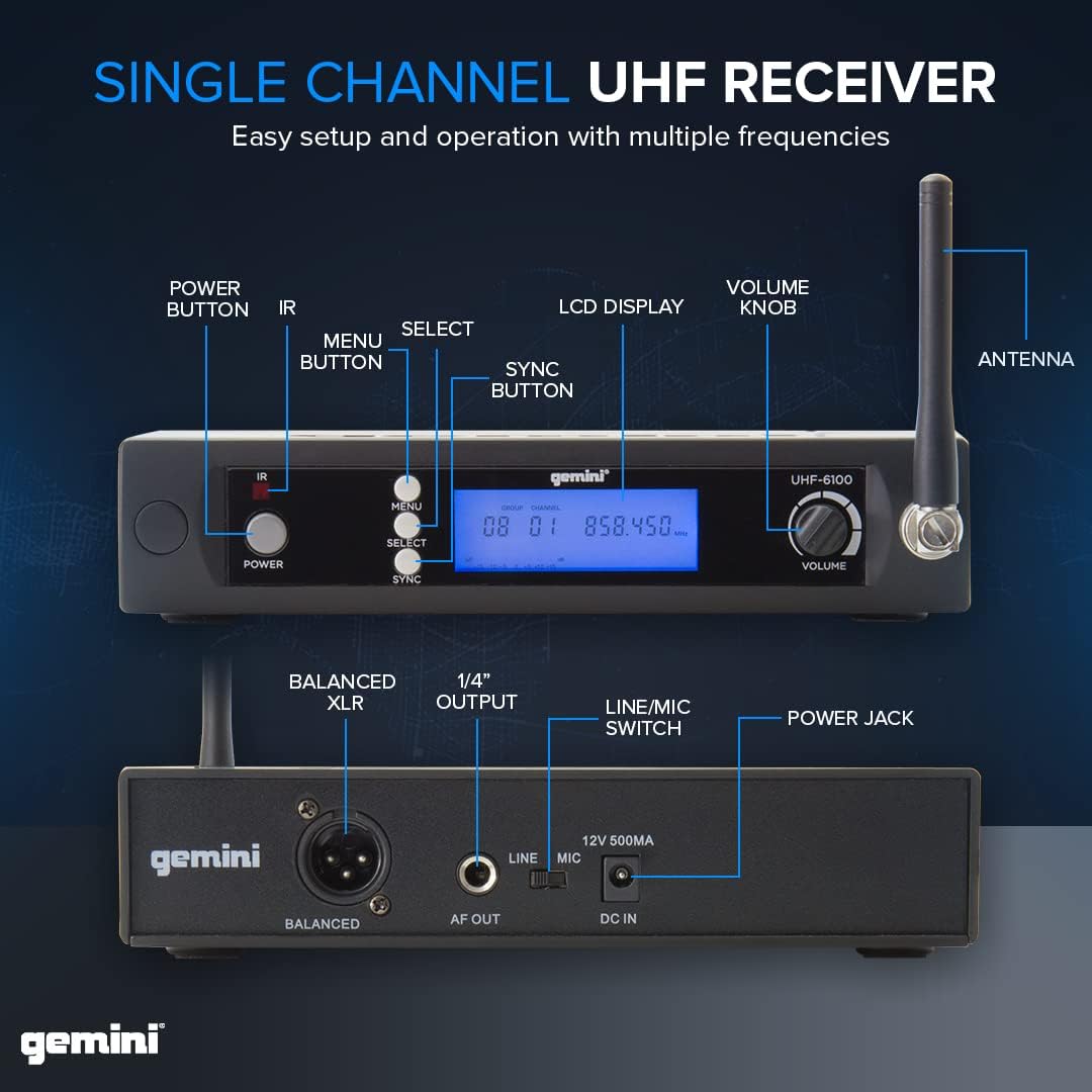 Gemini Sistema de micrófono de mano UHF, 256 canales, 240 pies (UHF...