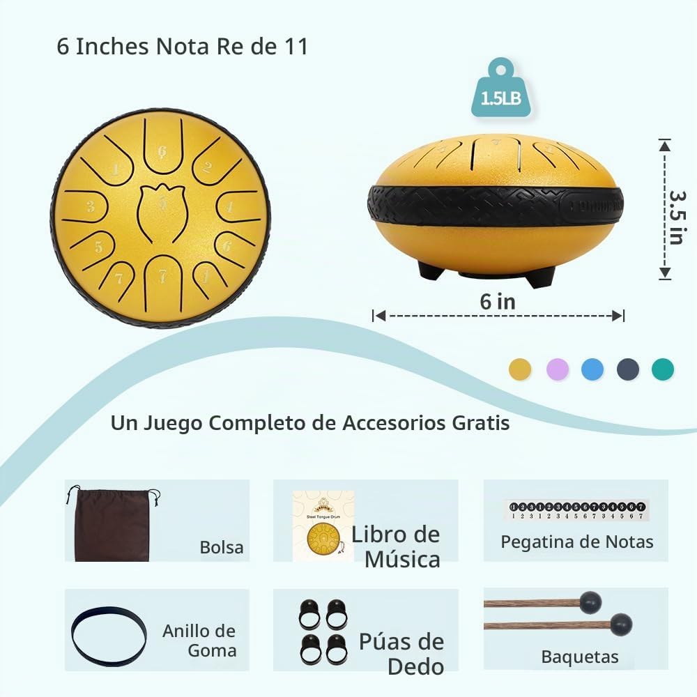 Tambor de Lengua de Acero de 6 Pulgadas, 11 Notas, Tambores de Acer...