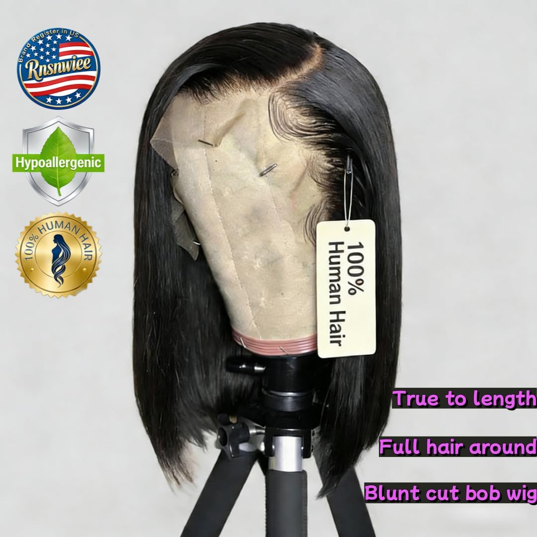 Rnsnwiee GENG Peluca corta Bob Cabello humano liso 100 por ciento c...