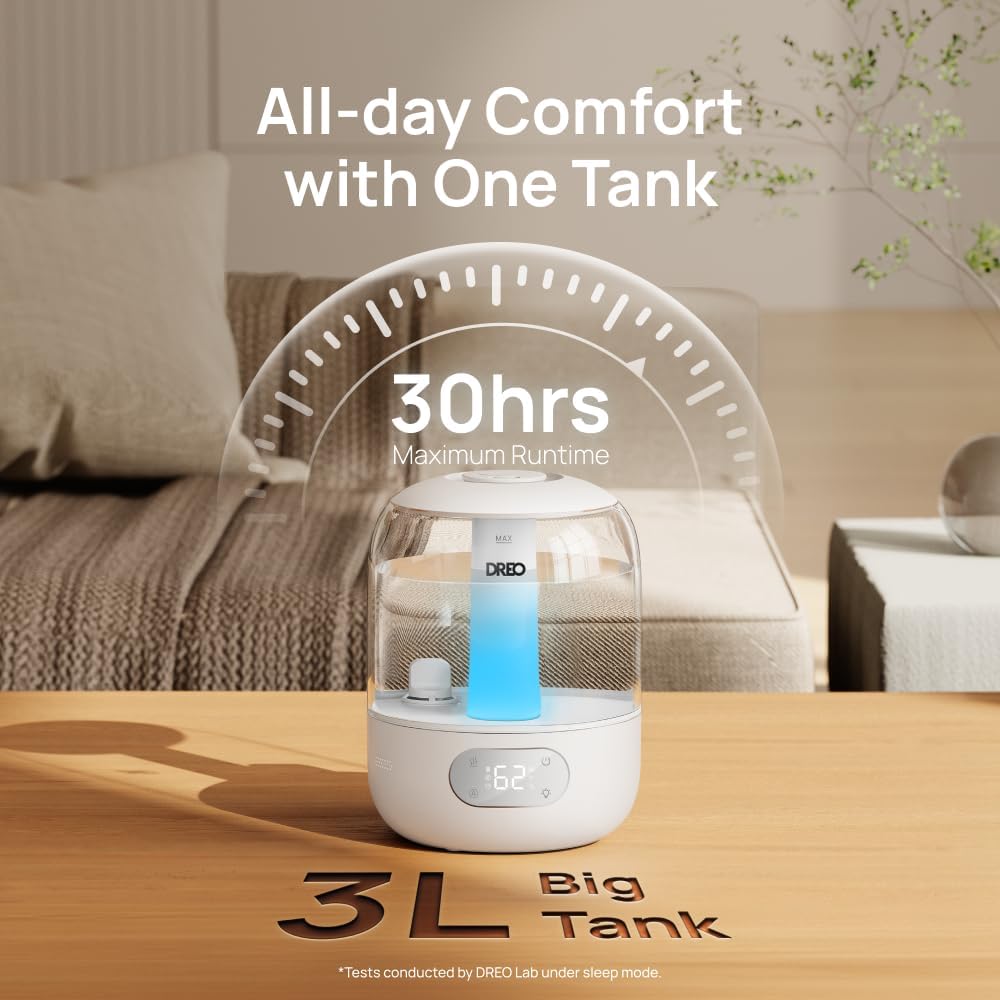 DREO Humidificadores de 3L para dormitorio, tiempo de funcionamient...
