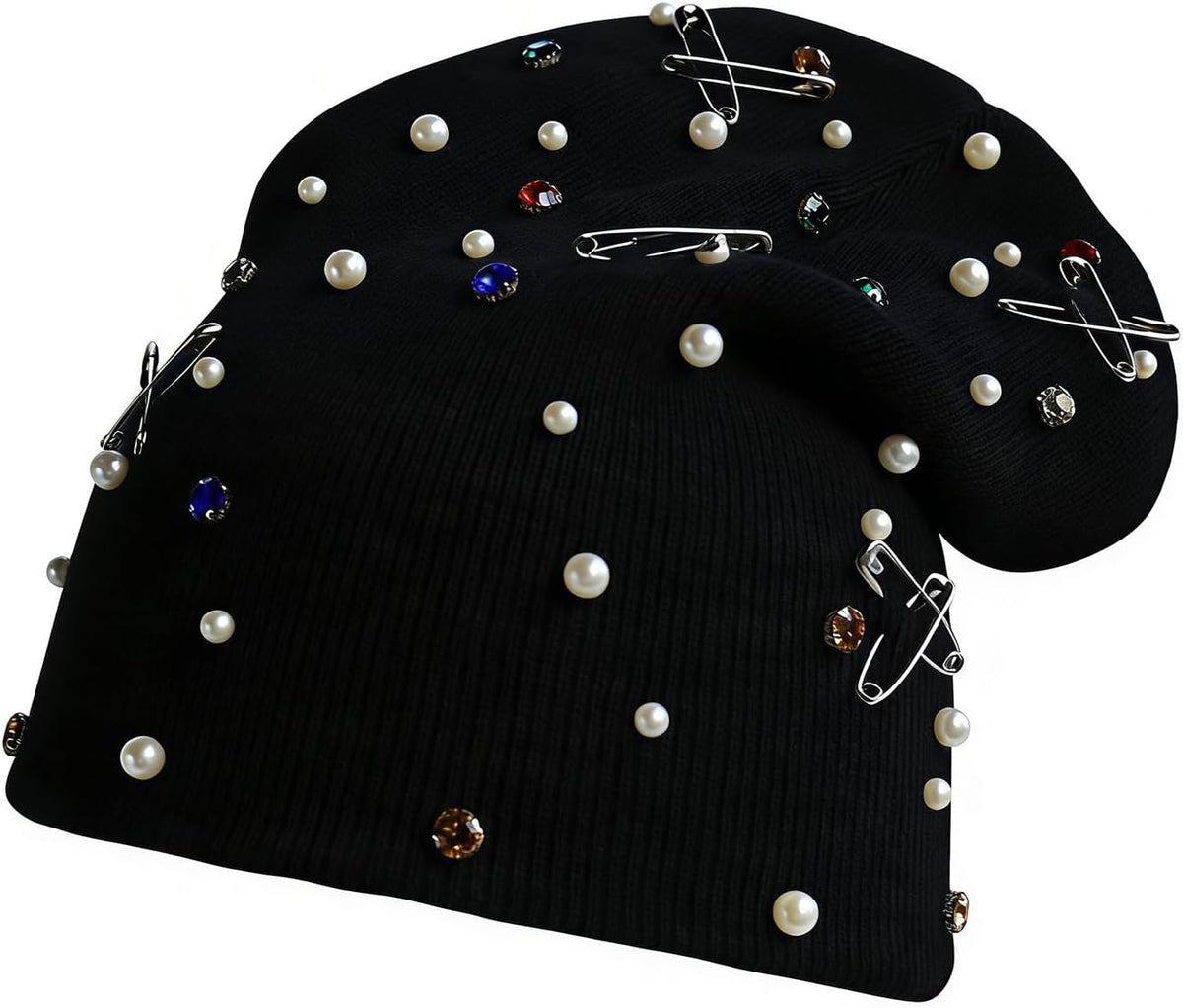 HENWASAI Gorro de punto unisex con diamantes de imitación y perlas,...