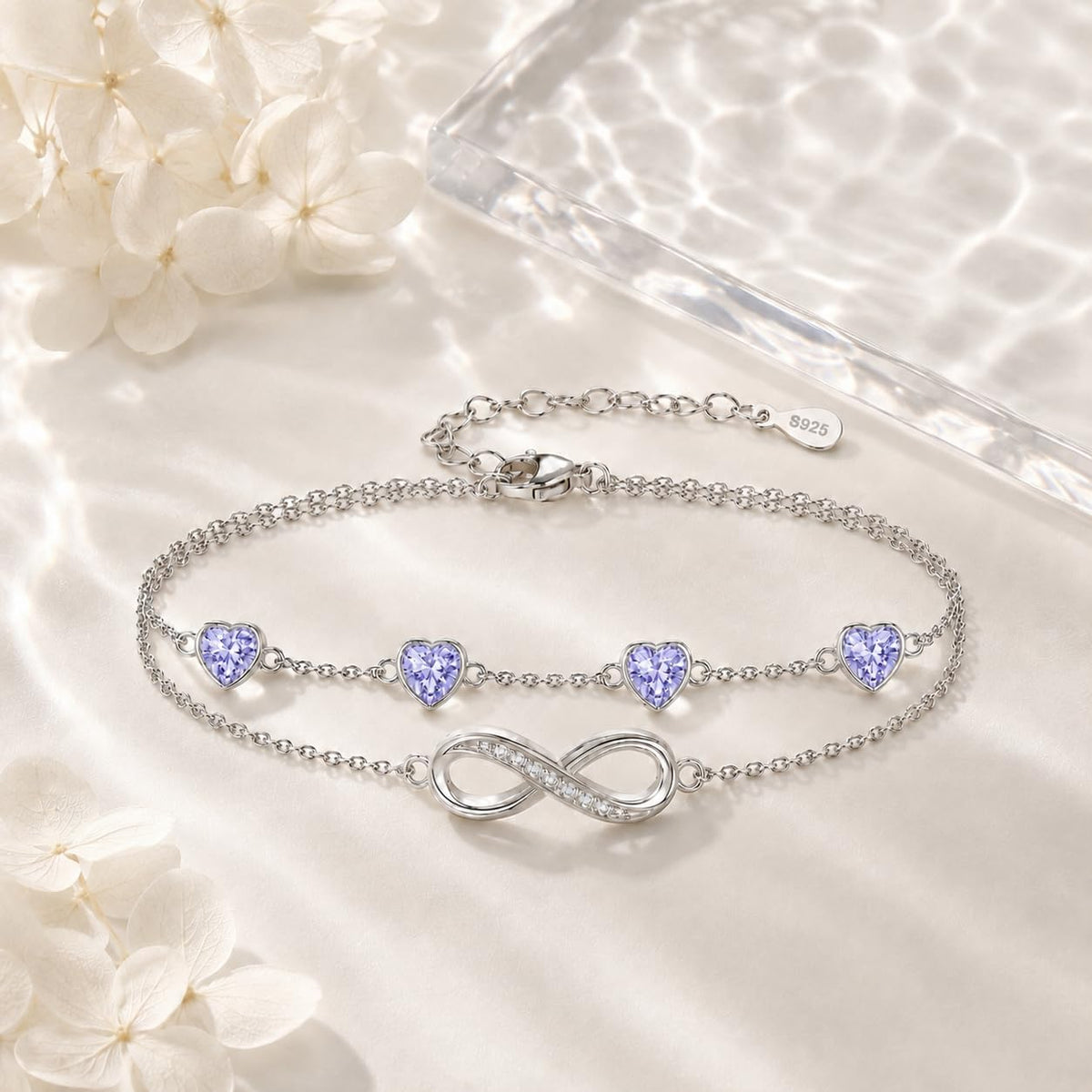 Distance Pulsera de plata 925 con corazón infinito y piedra natal p...